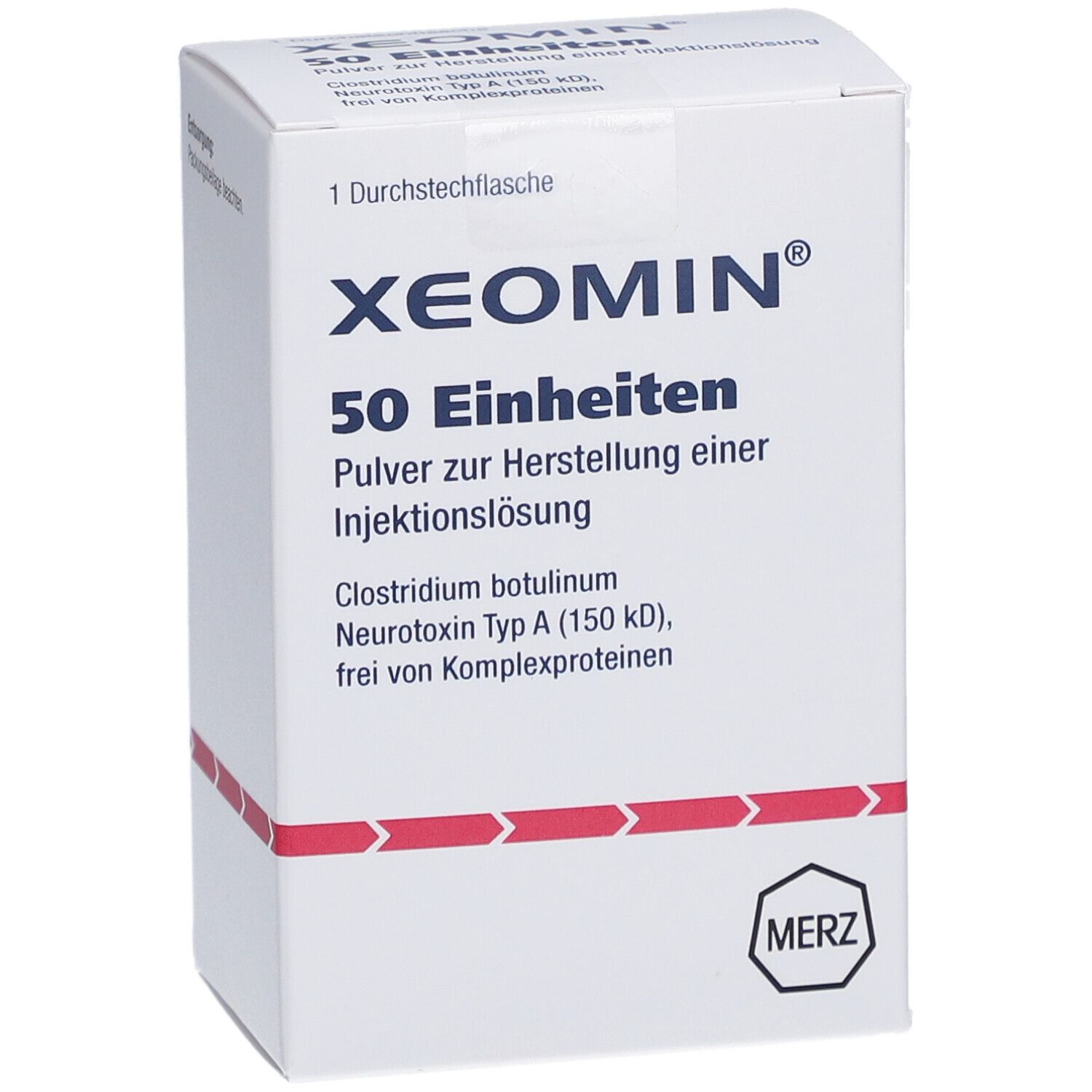 Weiße Schachtel mit XEOMIN-Logo und Aufschrift 50 Einheiten. Enthält Pulver zur Herstellung einer Injektionslösung.
