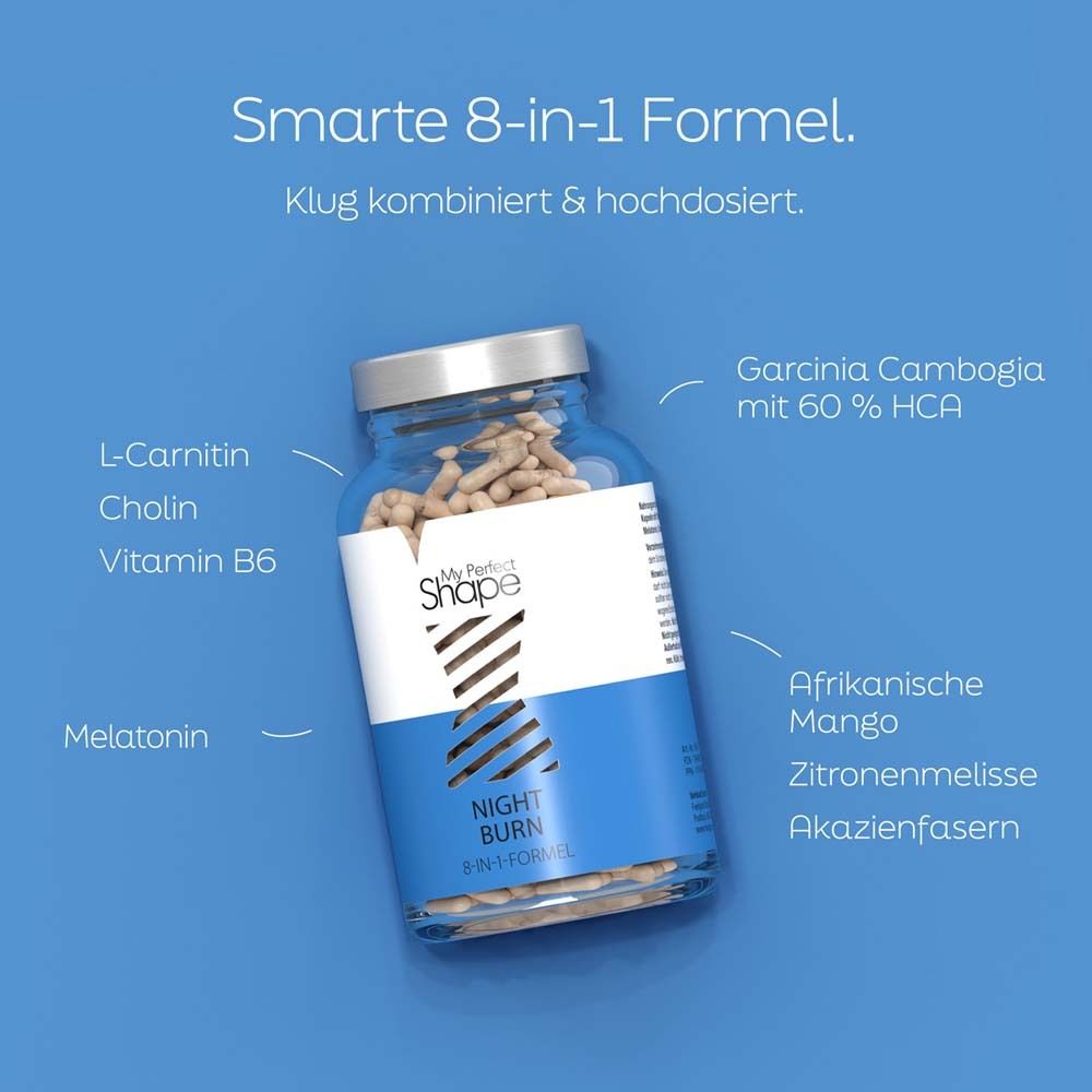 Glasflasche mit Kapseln. Blaue und weiße Etiketten. Text: Inhaltsstoffe wie Garcinia Cambogia, Melatonin.