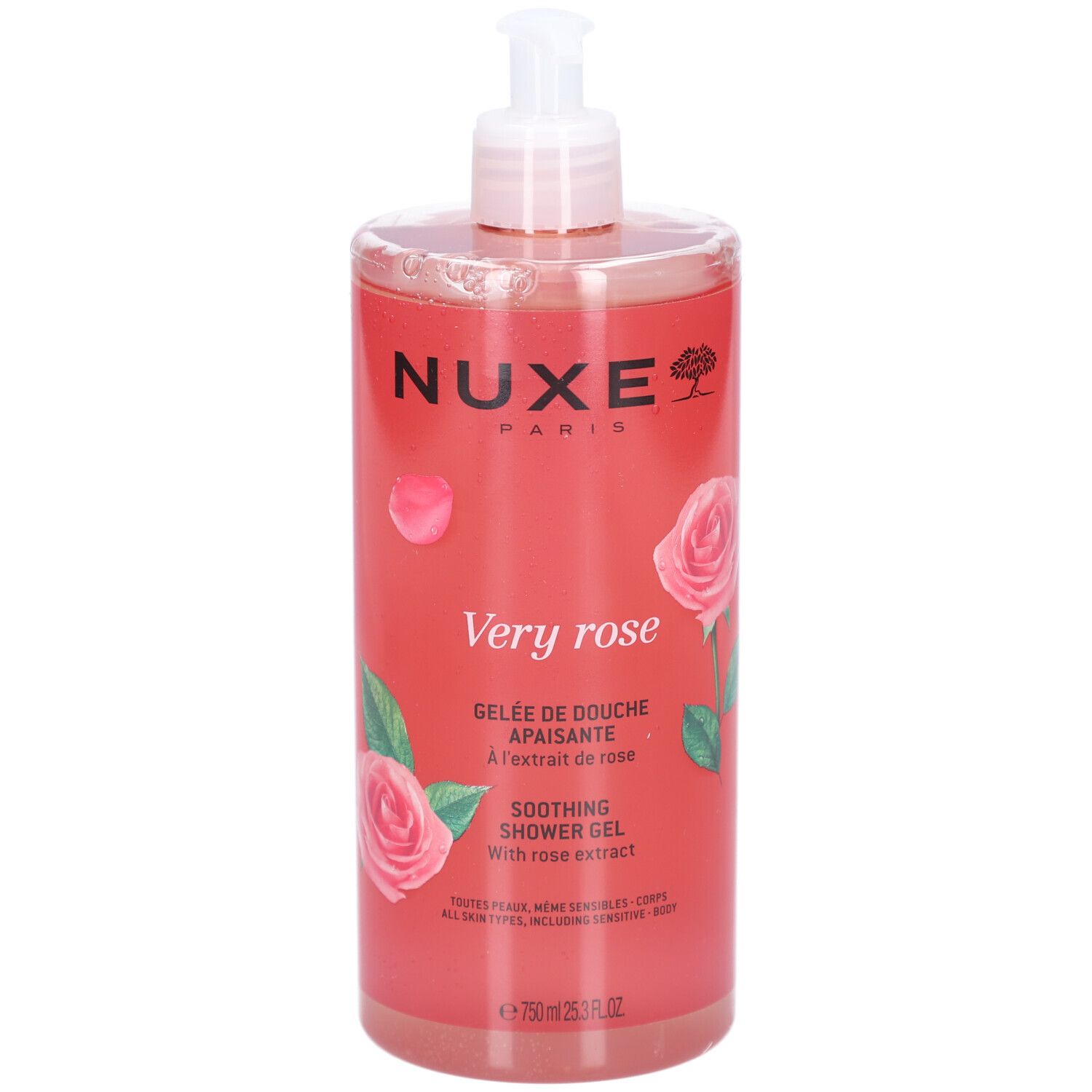 Transparente Flasche mit rosafarbenem Duschgel. Aufschrift: NUXE Paris, Very rose, Gelee de douche apaisante. Mit Rosenmotiv.