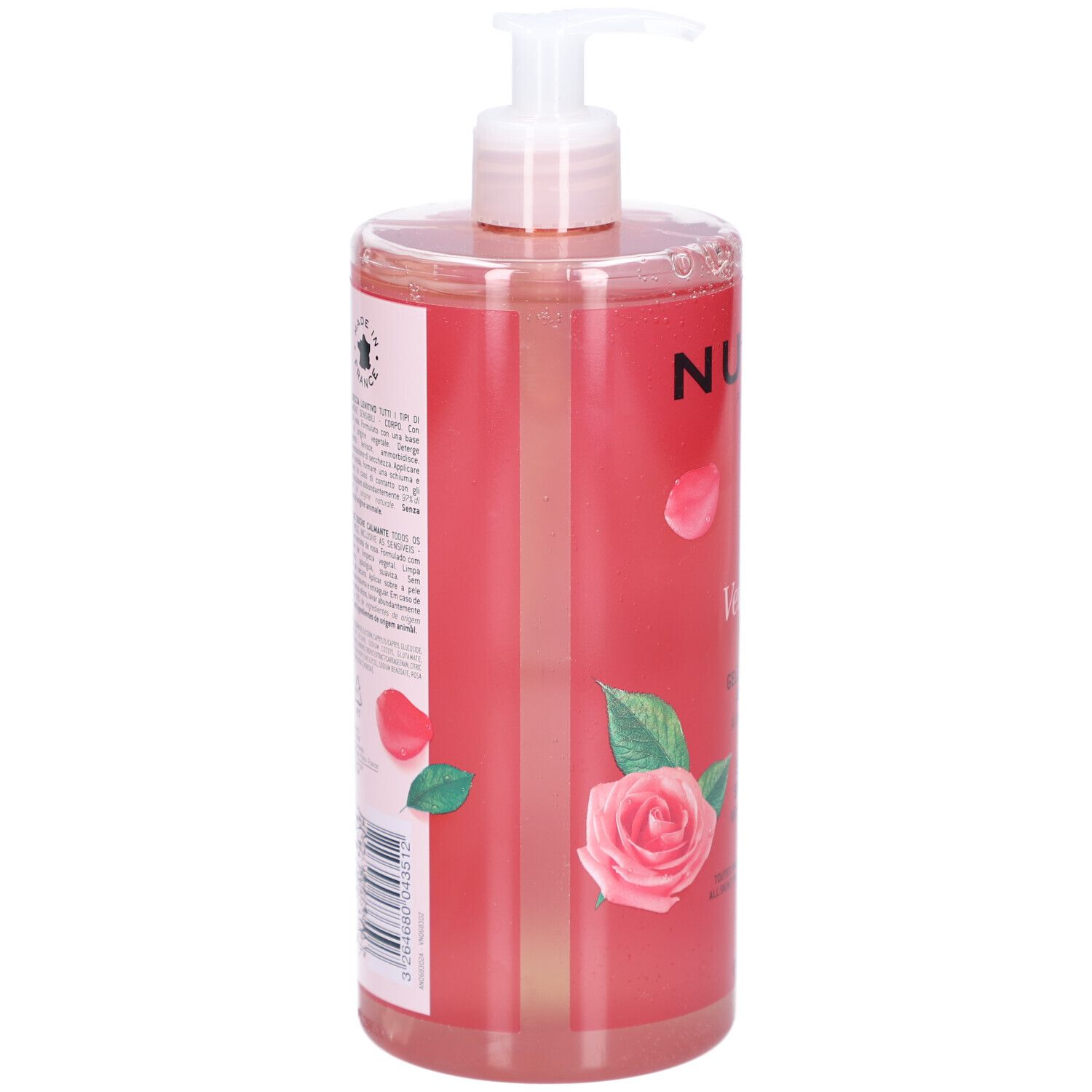 Rückseite der Flasche mit Text und Barcode. Rosenmotiv und Logos. Transparente Flasche mit rosafarbenem Duschgel.