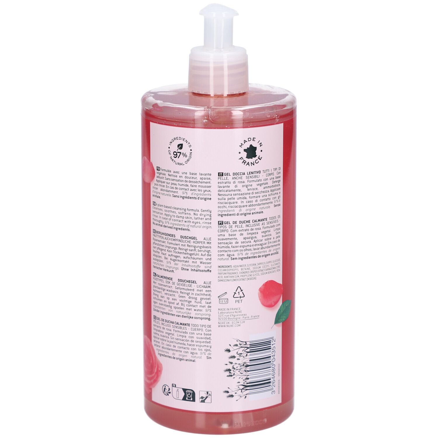Rückseite der Flasche mit Text und Logos. Transparente Flasche mit rosafarbenem Duschgel. Made in France.