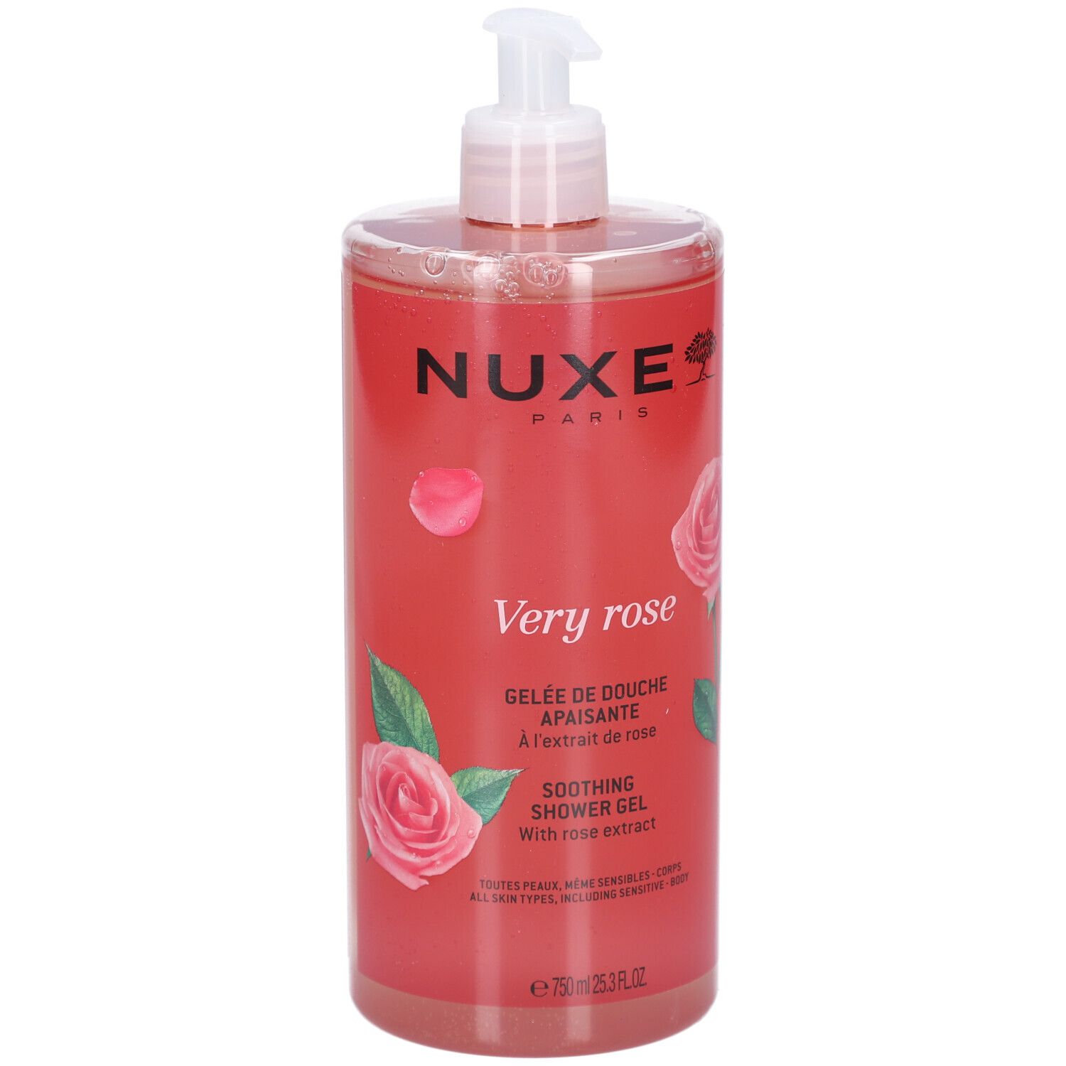 Transparente Flasche mit rosafarbenem Duschgel. Aufschrift: NUXE Paris, Very rose, Gelee de douche apaisante. Mit Rosenmotiv.