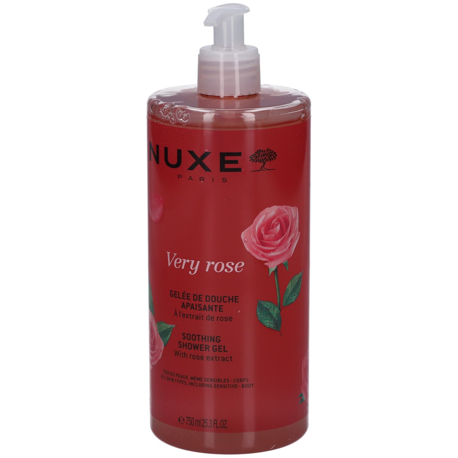 Transparente Flasche mit rosafarbenem Duschgel. Aufschrift: NUXE Paris, Very rose, Gelee de douche apaisante. Mit Rosenmotiv.