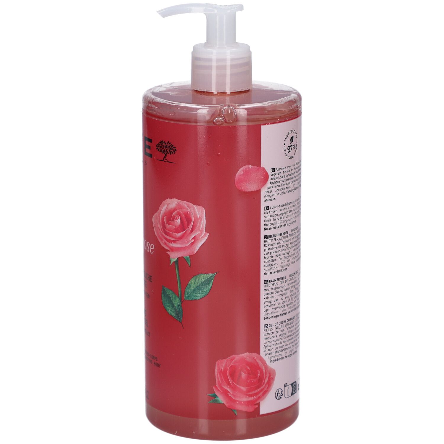 Rückseite der Flasche mit Text und Logos. Transparente Flasche mit rosafarbenem Duschgel. Rosenmotiv.