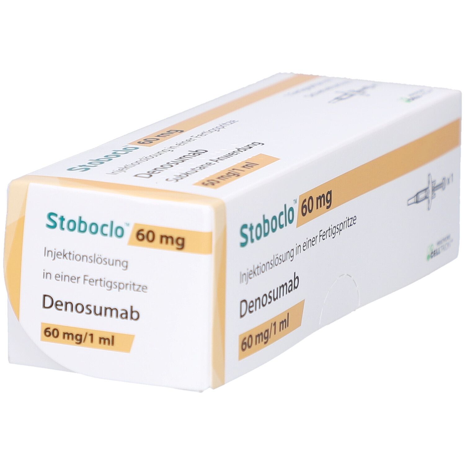 Schachtel mit Stoboclo 60 mg, Injektionslösung, Denosumab. Ansicht von der Seite.