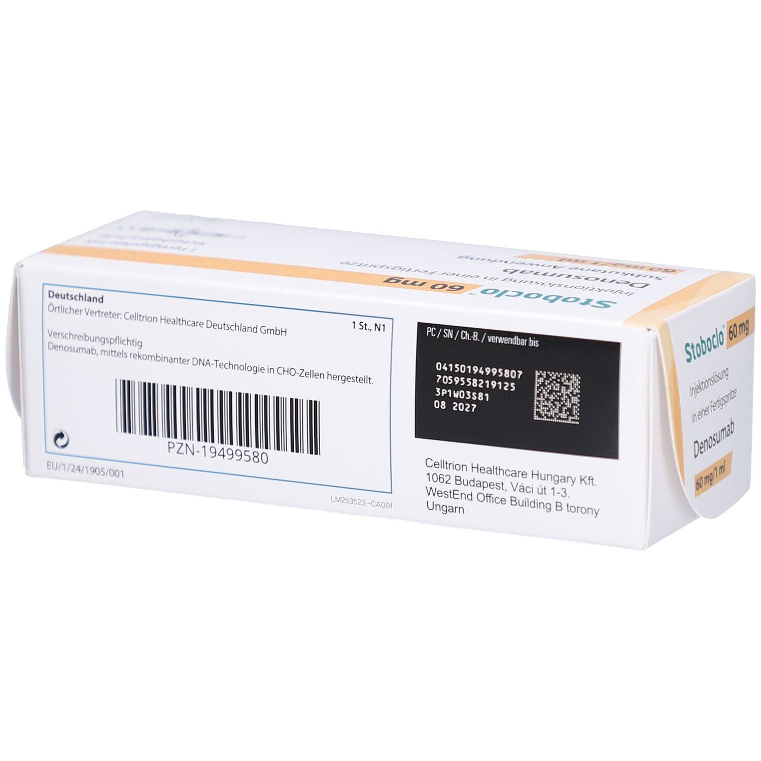 Rückseite der Schachtel mit Stoboclo 60 mg. Informationen zu Hersteller und Chargennummer.