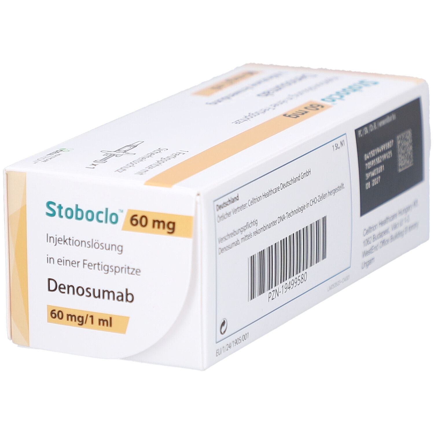 Schachtel mit Stoboclo 60 mg, Injektionslösung, Denosumab. Ansicht von der Seite.