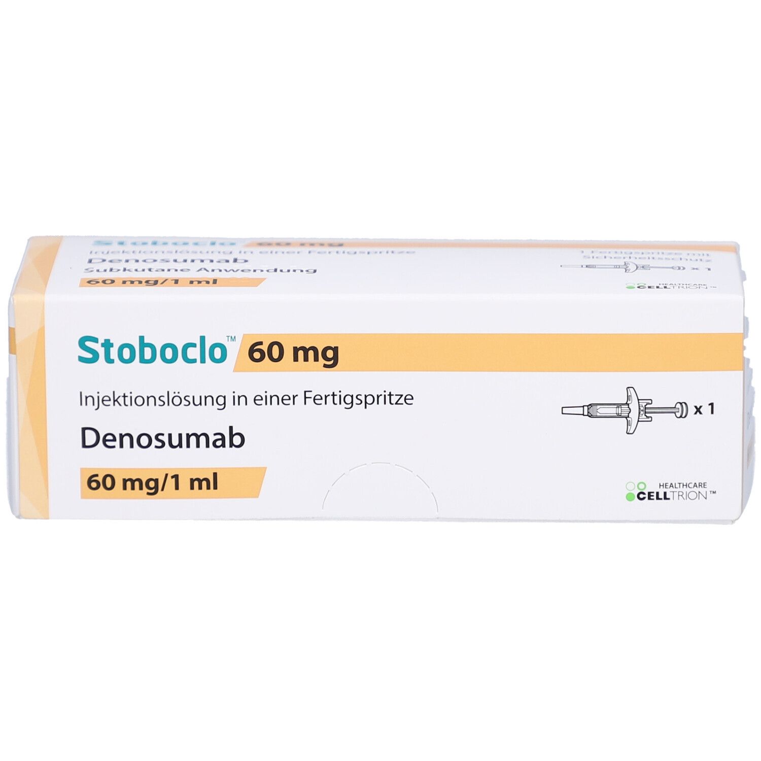 Karton mit Stoboclo 60 mg, Injektionslösung, Denosumab. Enthält eine Fertigspritze.