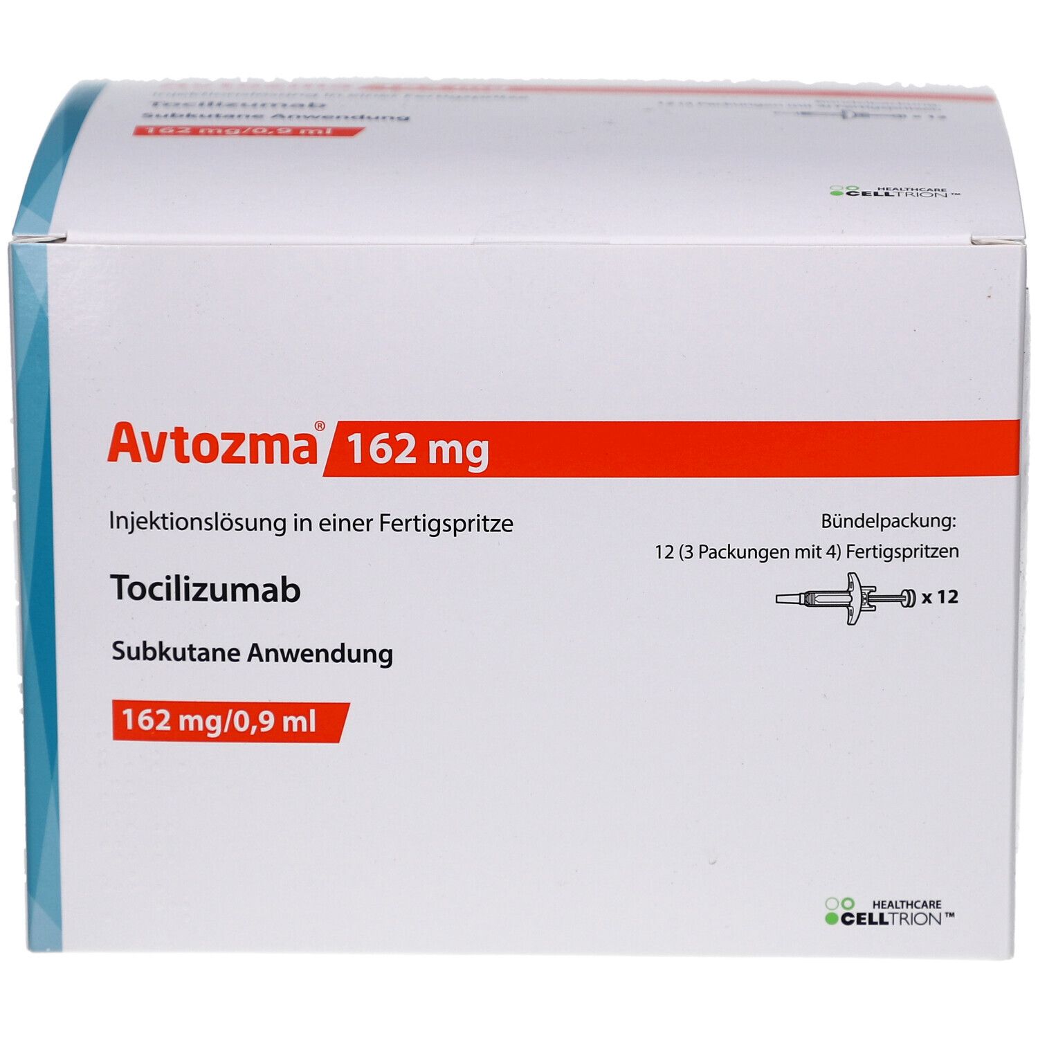 Weiße Verpackung mit rotem Streifen. Beschriftung: Avtozma 162 mg, Injektionslösung, Tocilizumab, subkutane Anwendung. Abbildung von Fertigspritzen.