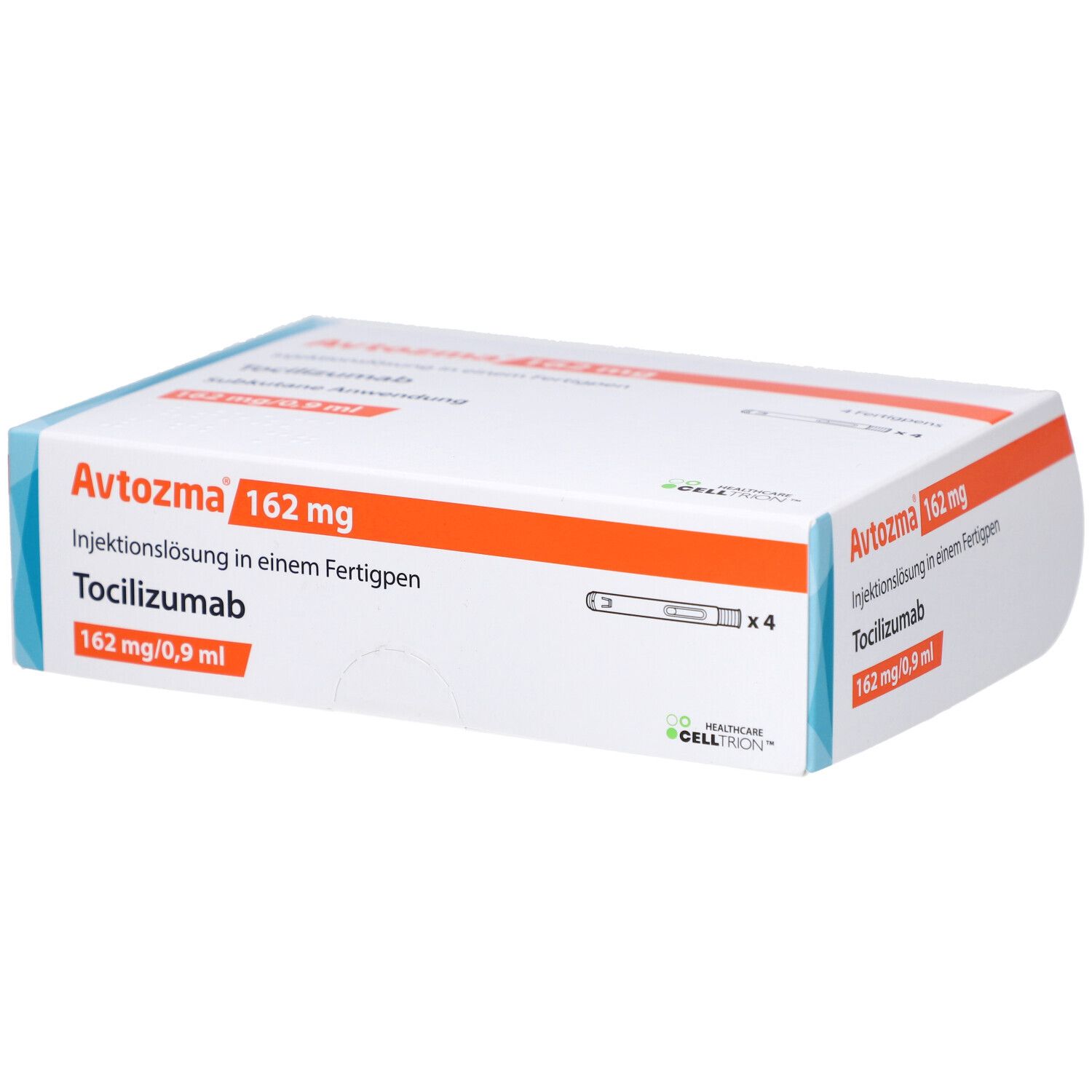 Verpackung von Avtozma 162 mg Injektionslösung. Enthält 4 Fertigpens. Orangefarbene und blaue Akzente.