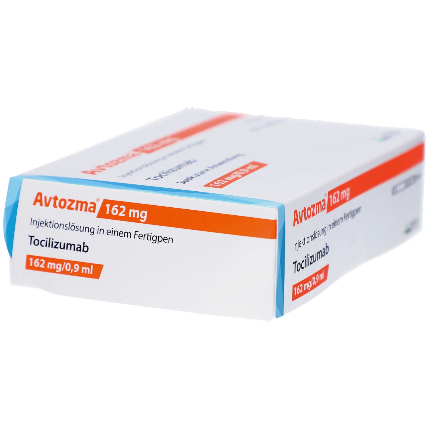 Schachtel Avtozma 162 mg Injektionslösung. Weiße Verpackung mit orangefarbenen und blauen Akzenten.
