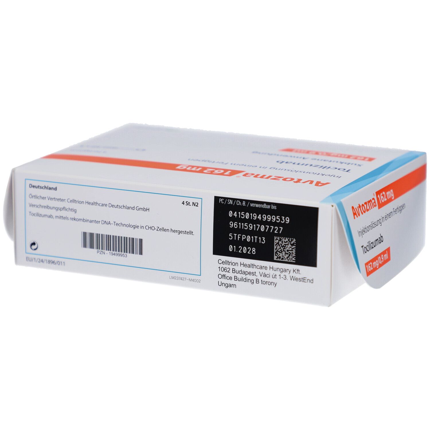 Rückseite der Avtozma 162 mg Verpackung. Enthält Informationen wie Chargennummer und Verfallsdatum.