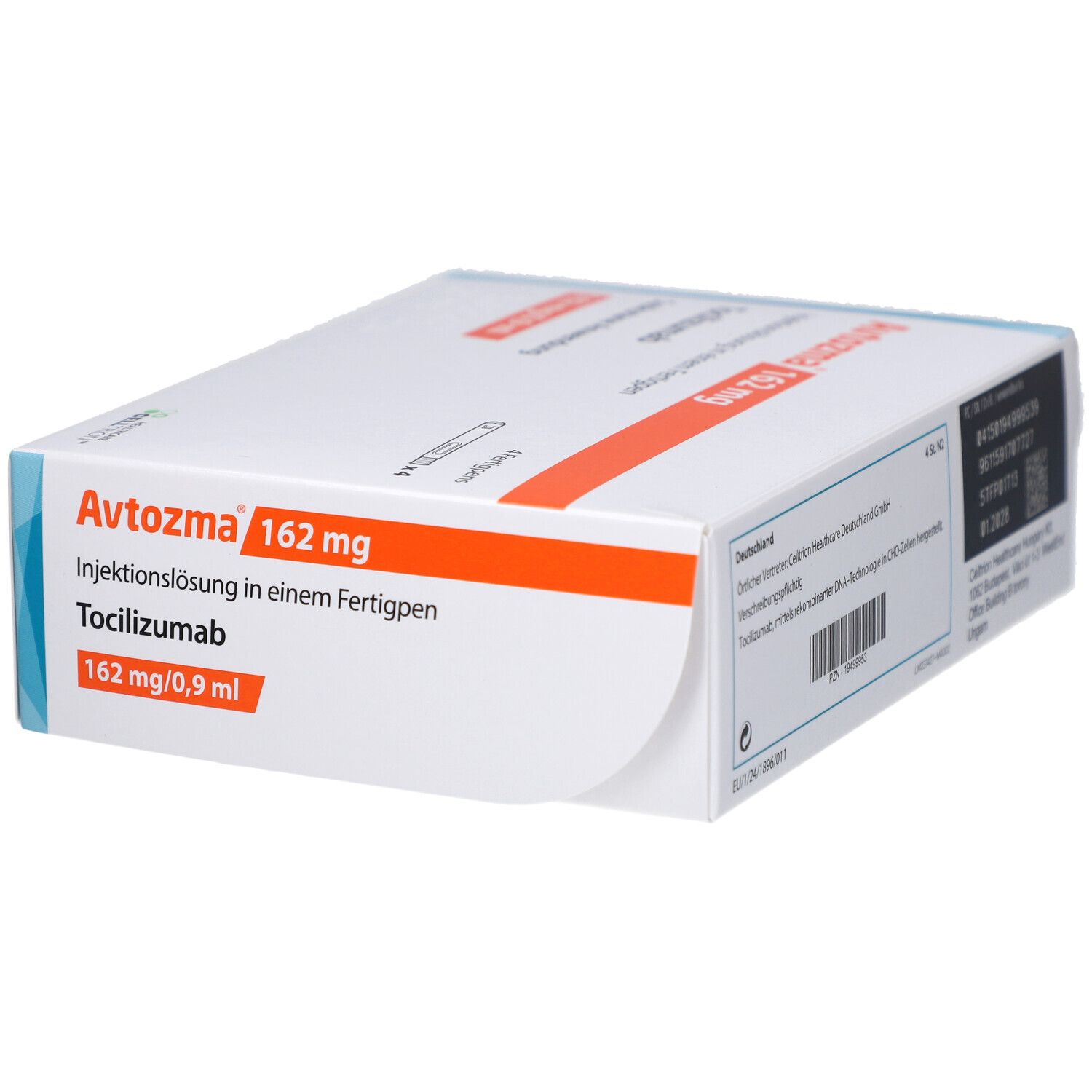 Avtozma 162 mg Verpackung. Weiße Schachtel mit orangefarbenen und blauen Akzenten. Produktinformationen.