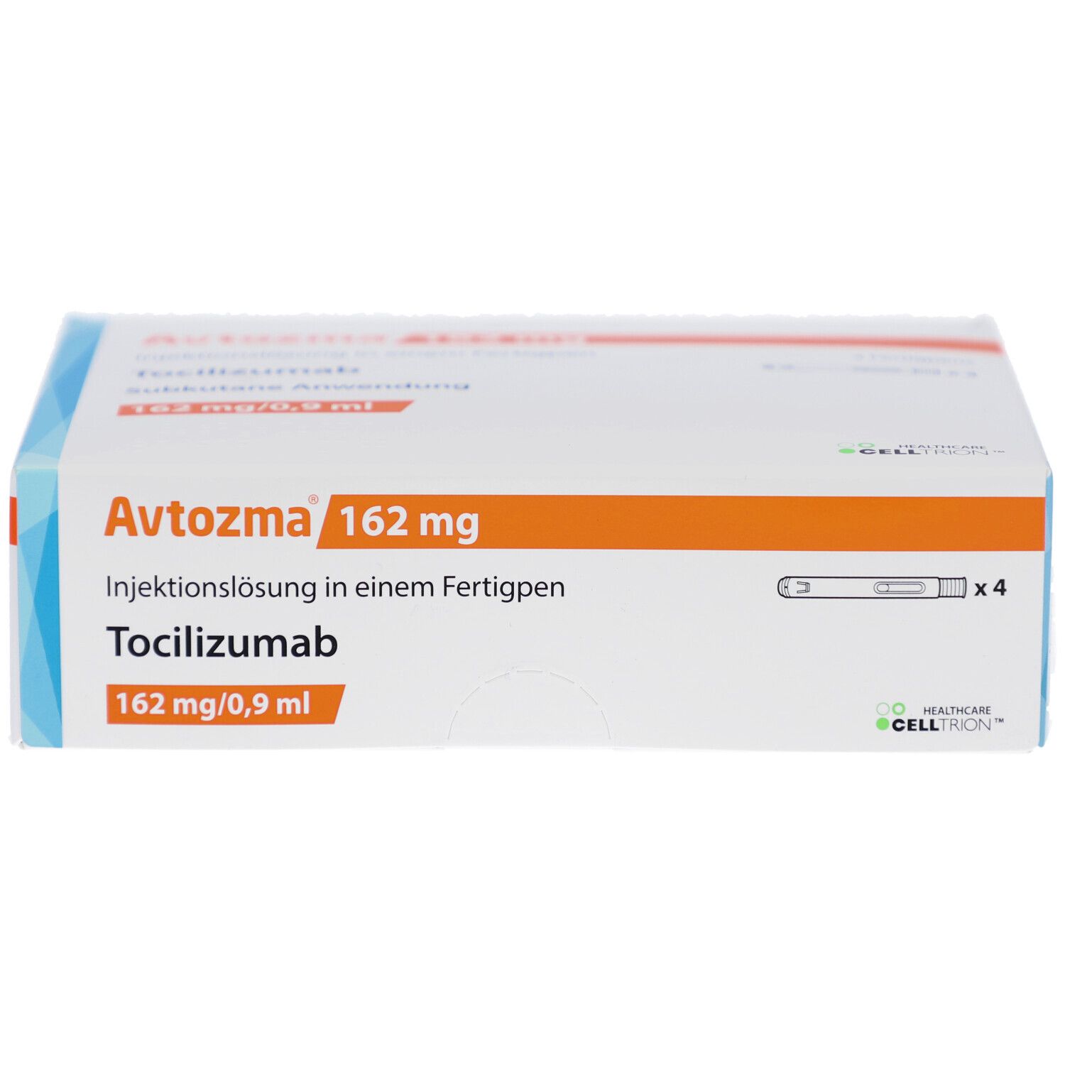 Avtozma 162 mg Verpackung. Enthält 4 Fertigpens. Weiße Schachtel mit blauen und orangefarbenen Akzenten.