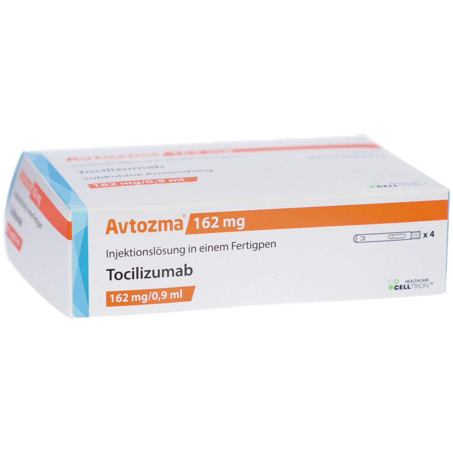 Avtozma 162 mg Verpackung. Enthält 4 Fertigpens. Weiße Schachtel mit blauen und orangefarbenen Akzenten.