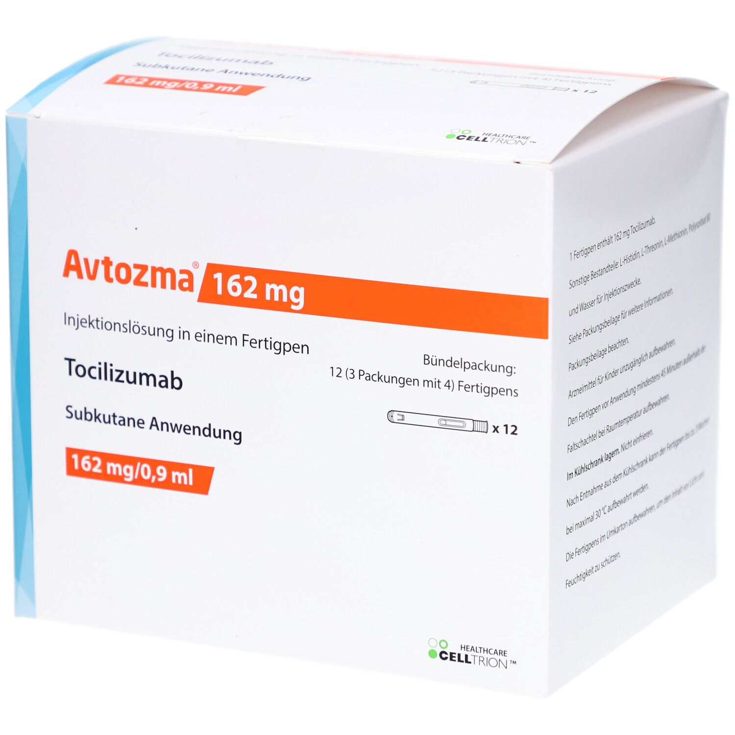 Verpackung von Avtozma 162 mg Injektionslösung. Enthält 12 Fertigpens. Orangefarbene Akzente und Produktinformationen.