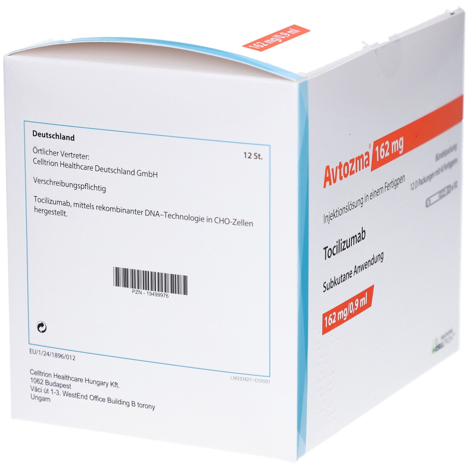 Verpackung von Avtozma 162 mg. Enthält Produktinformationen und Herstellerdetails. Barcode und Text in deutscher Sprache.