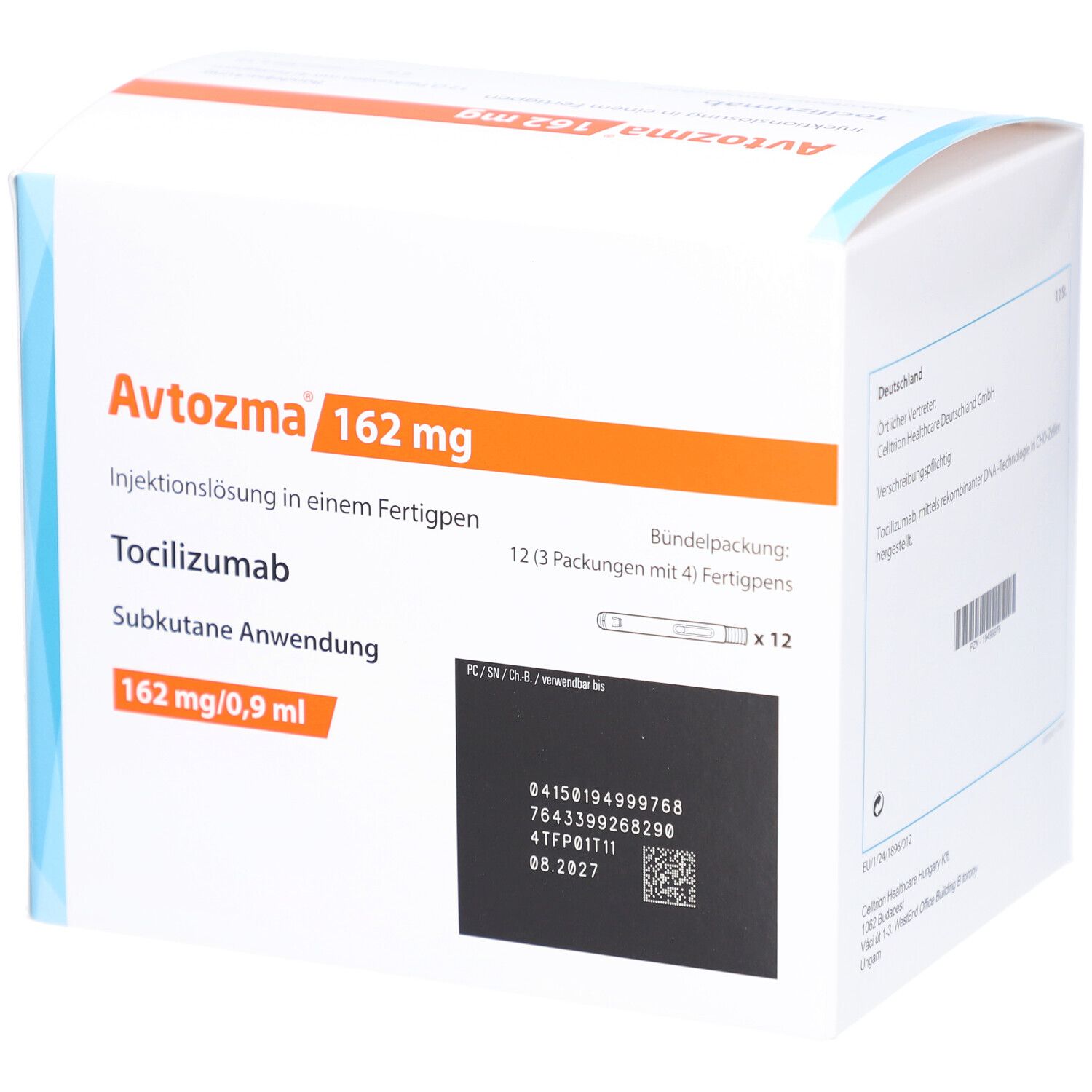 Verpackung von Avtozma 162 mg Injektionslösung. Enthält 12 Fertigpens. Produktinformationen und Chargennummer.