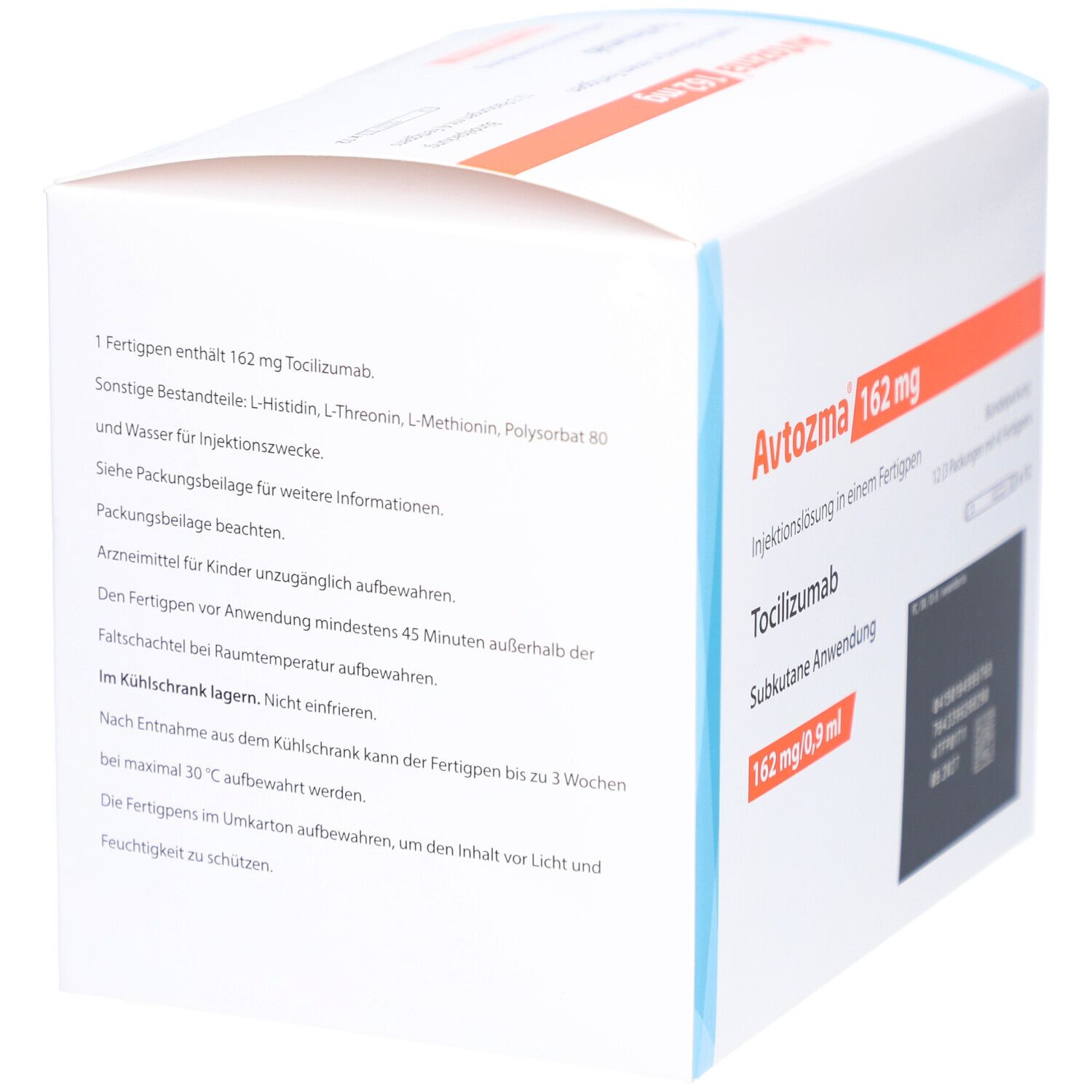 Verpackung von Avtozma 162 mg. Text mit Inhaltsstoffen und Anwendungshinweisen. Rückseite der Verpackung.