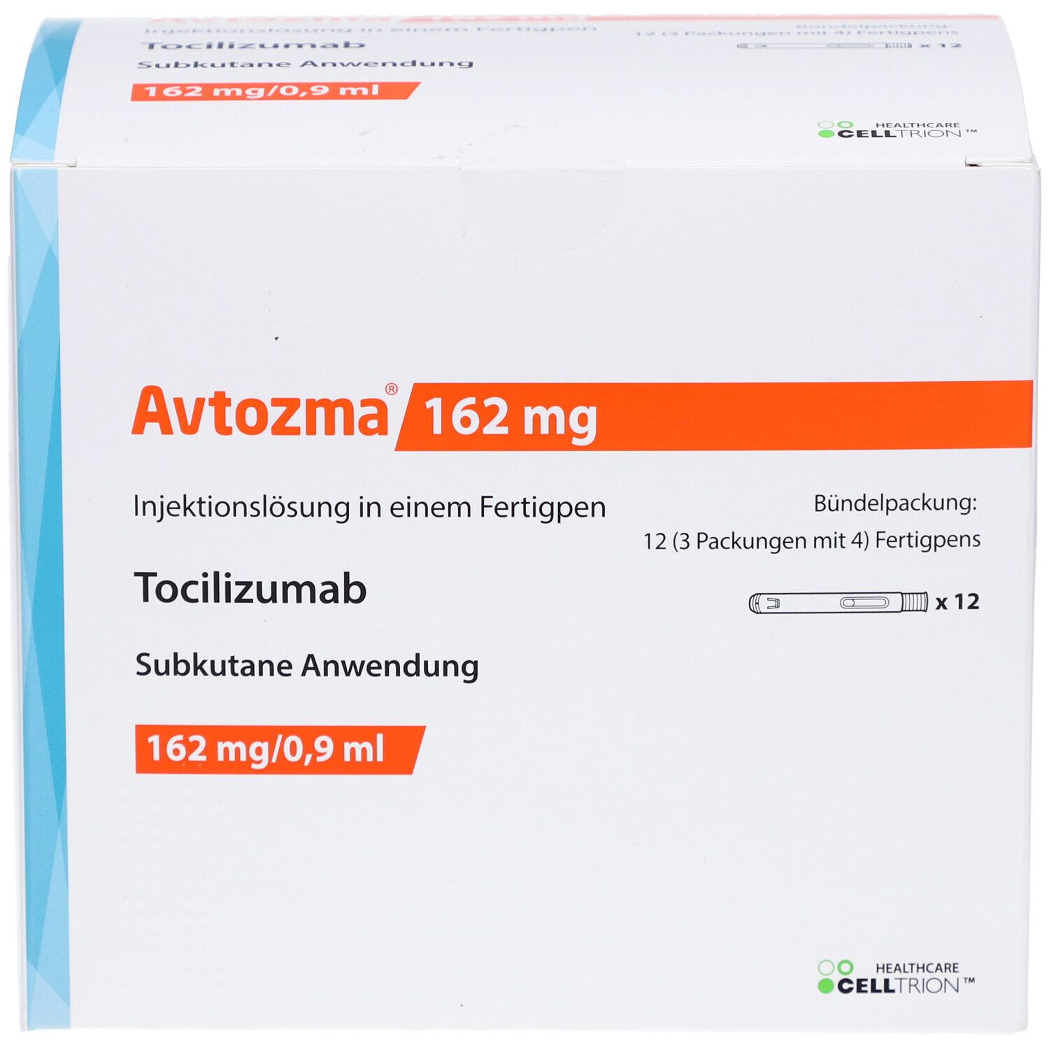 Verpackung von Avtozma 162 mg Injektionslösung. Enthält 12 Fertigpens. Orangefarbene Akzente und Produktinformationen.