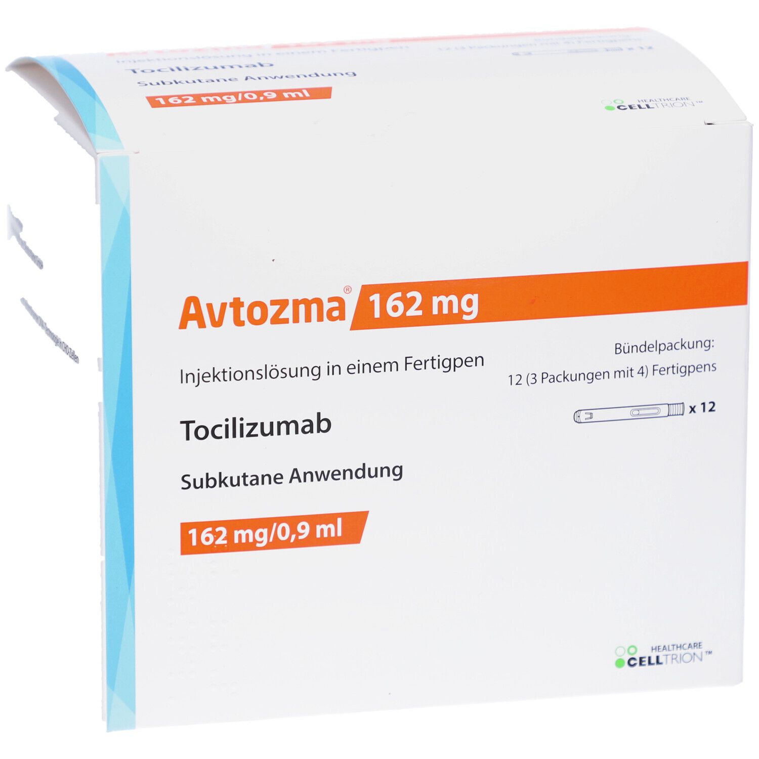 Verpackung von Avtozma 162 mg Injektionslösung. Enthält 12 Fertigpens. Orangefarbene Akzente und Produktinformationen.
