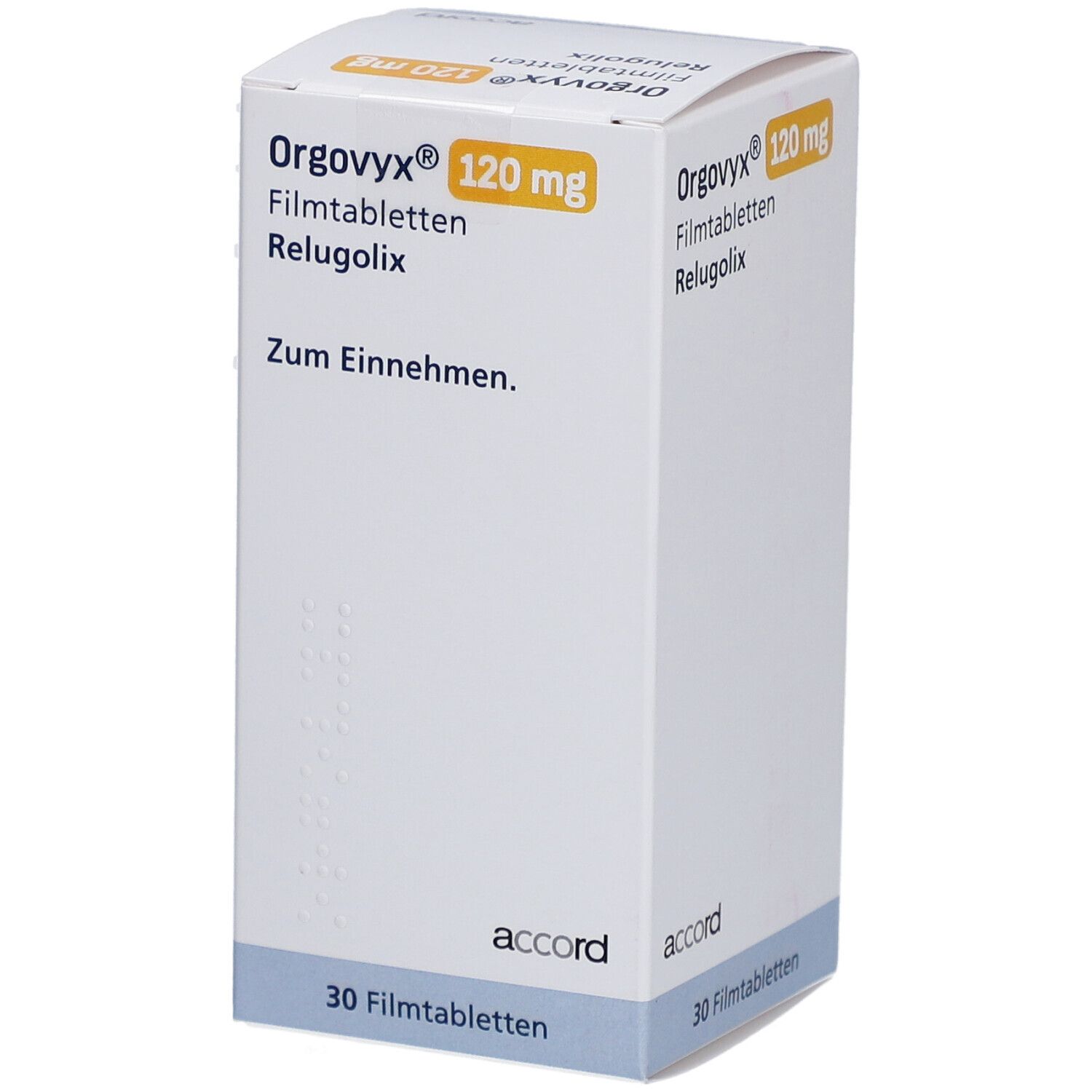 Schachtel mit ORGOVYX 120 mg Filmtabletten. Aufschrift: Zum Einnehmen. 30 Filmtabletten. Marke: accord.