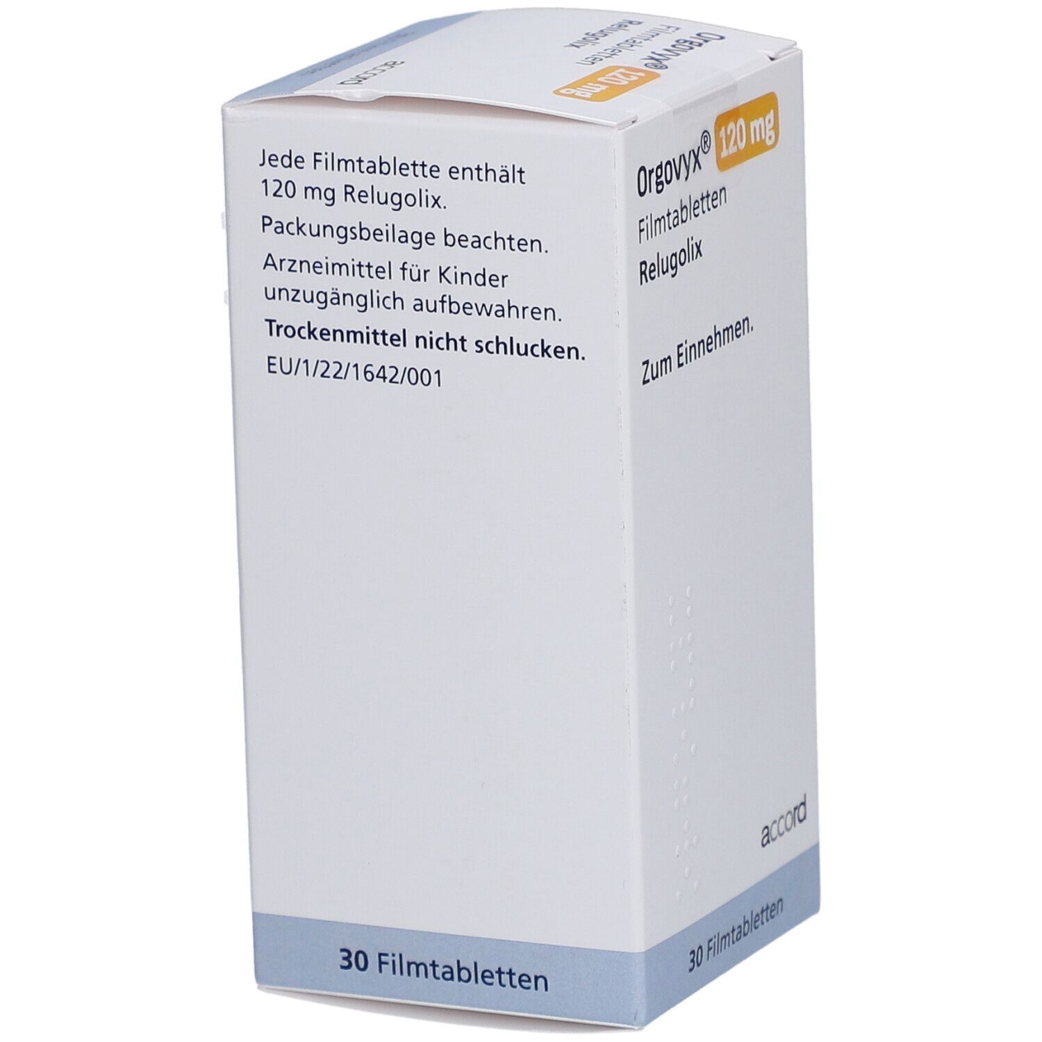 Schachtel mit ORGOVYX 120 mg Filmtabletten. Enthält 30 Tabletten. Text: Trockenmittel nicht schlucken. Marke: accord.