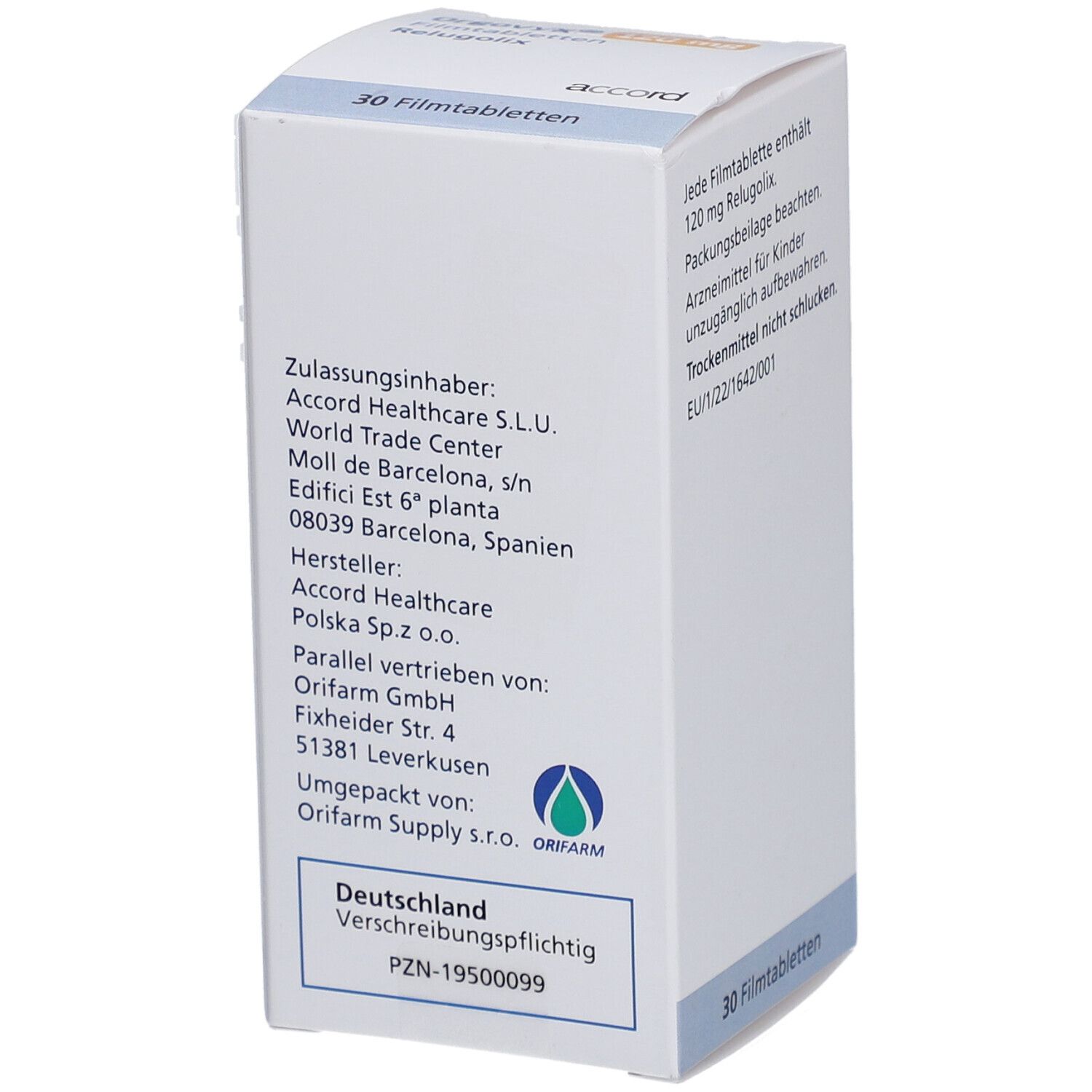 Rückseite der Schachtel mit ORGOVYX 120 mg Filmtabletten. Enthält Informationen zum Hersteller und Vertrieb.