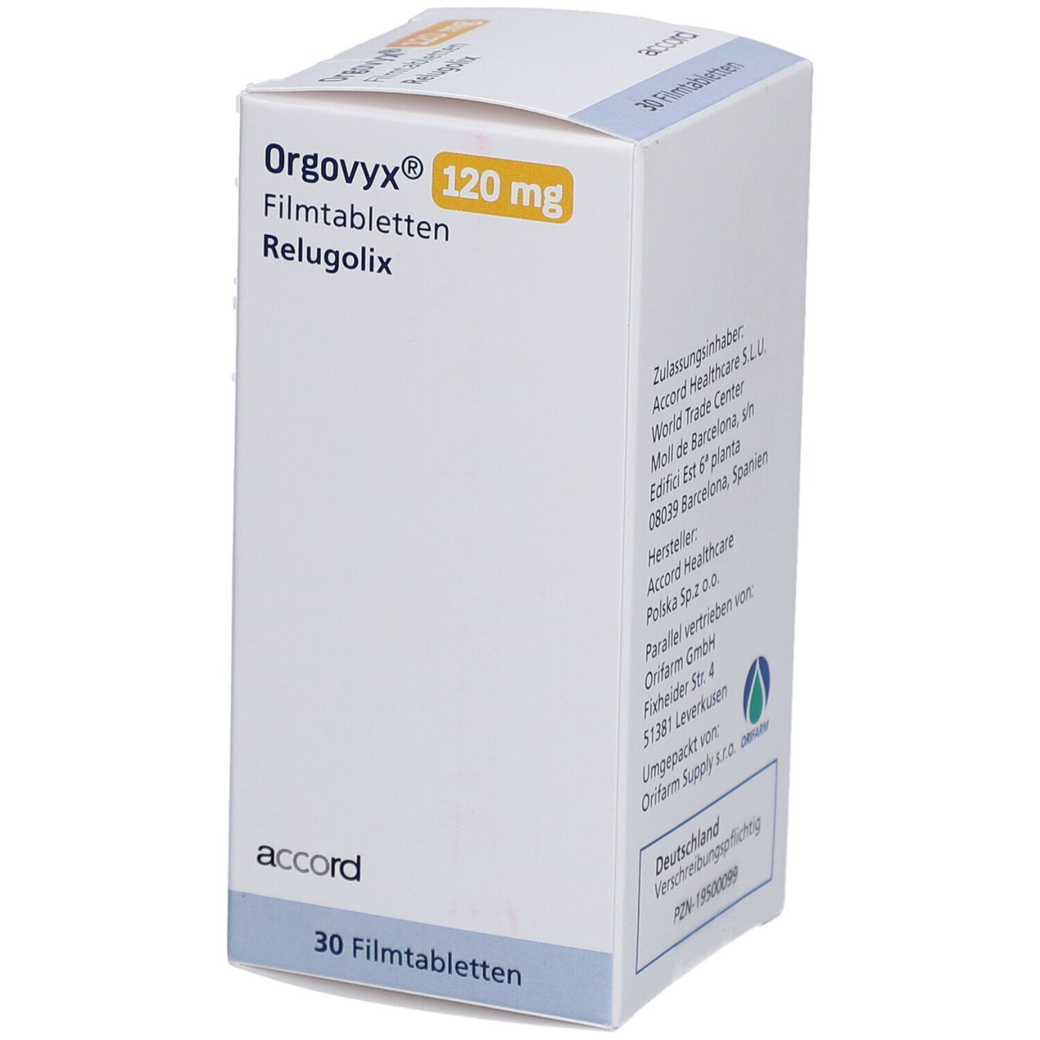 Schachtel mit ORGOVYX 120 mg Filmtabletten. Aufschrift: Zum Einnehmen. 30 Filmtabletten. Marke: accord.