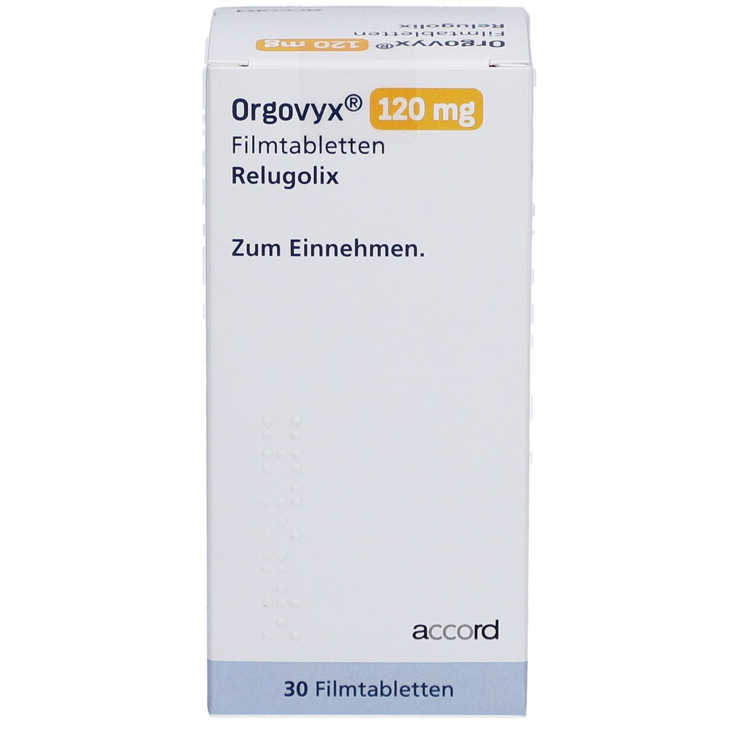 Schachtel mit ORGOVYX 120 mg Filmtabletten. Aufschrift: Zum Einnehmen. 30 Filmtabletten. Marke: accord.