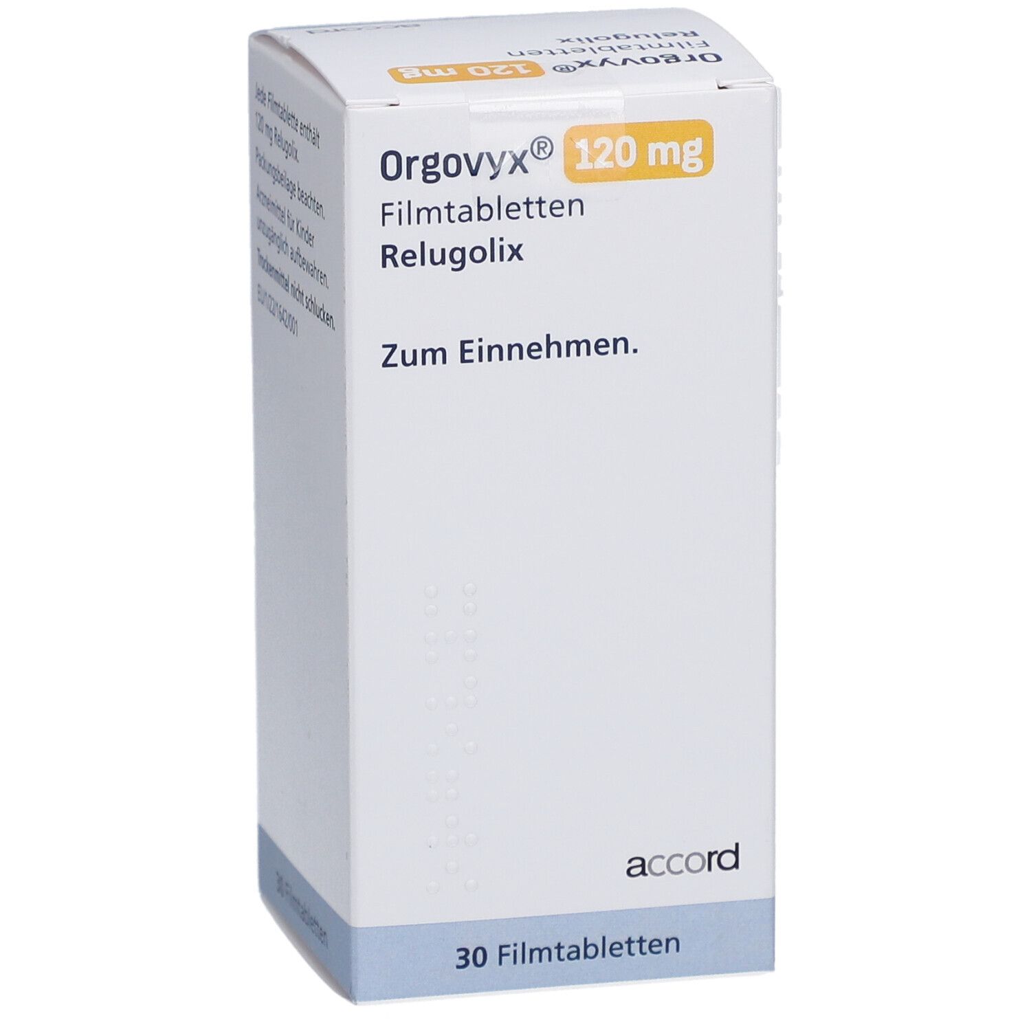 Schachtel mit ORGOVYX 120 mg Filmtabletten. Aufschrift: Zum Einnehmen. 30 Filmtabletten. Marke: accord.