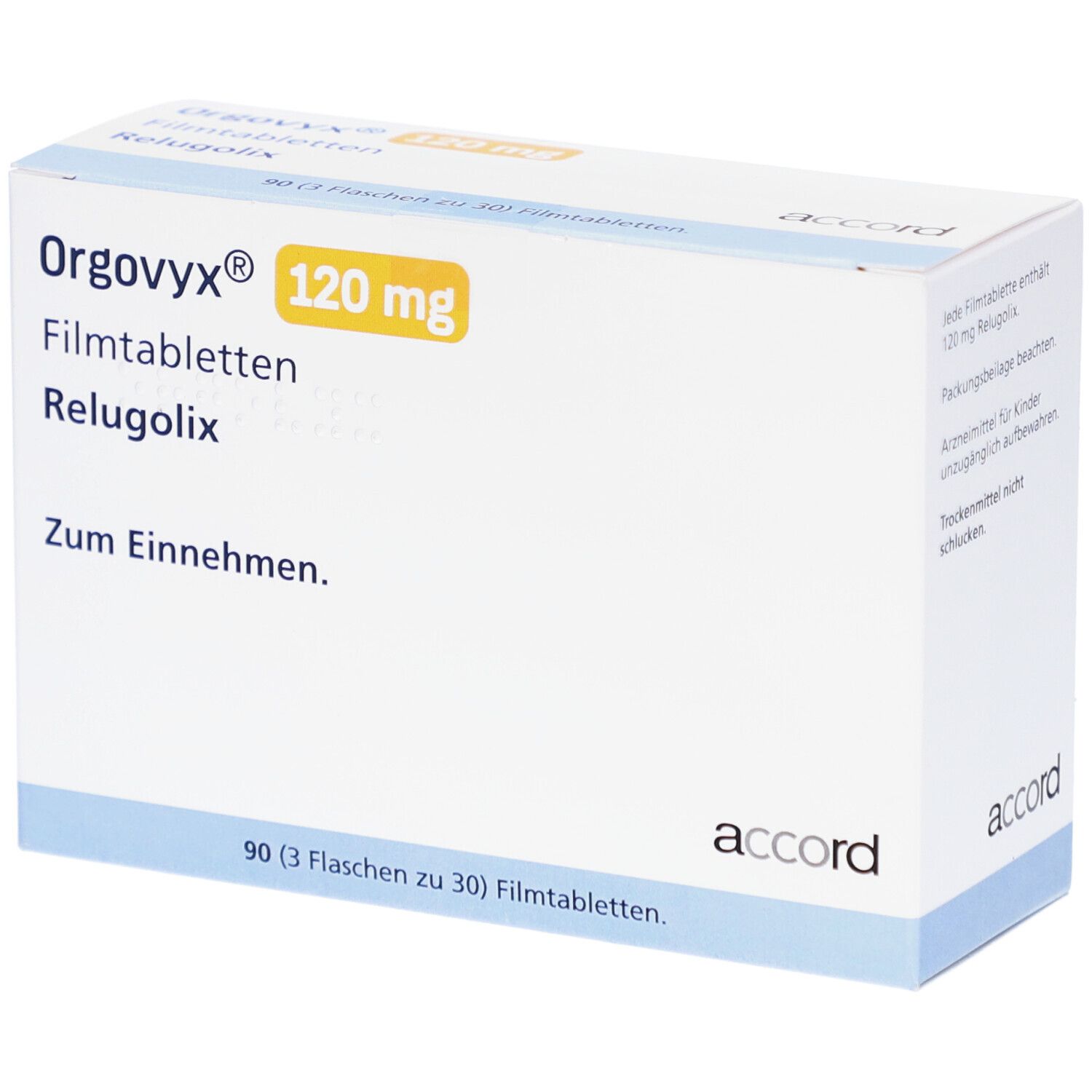 Weiße Faltschachtel mit Aufschrift "Orgovyx 120 mg Filmtabletten". Marke "accord".