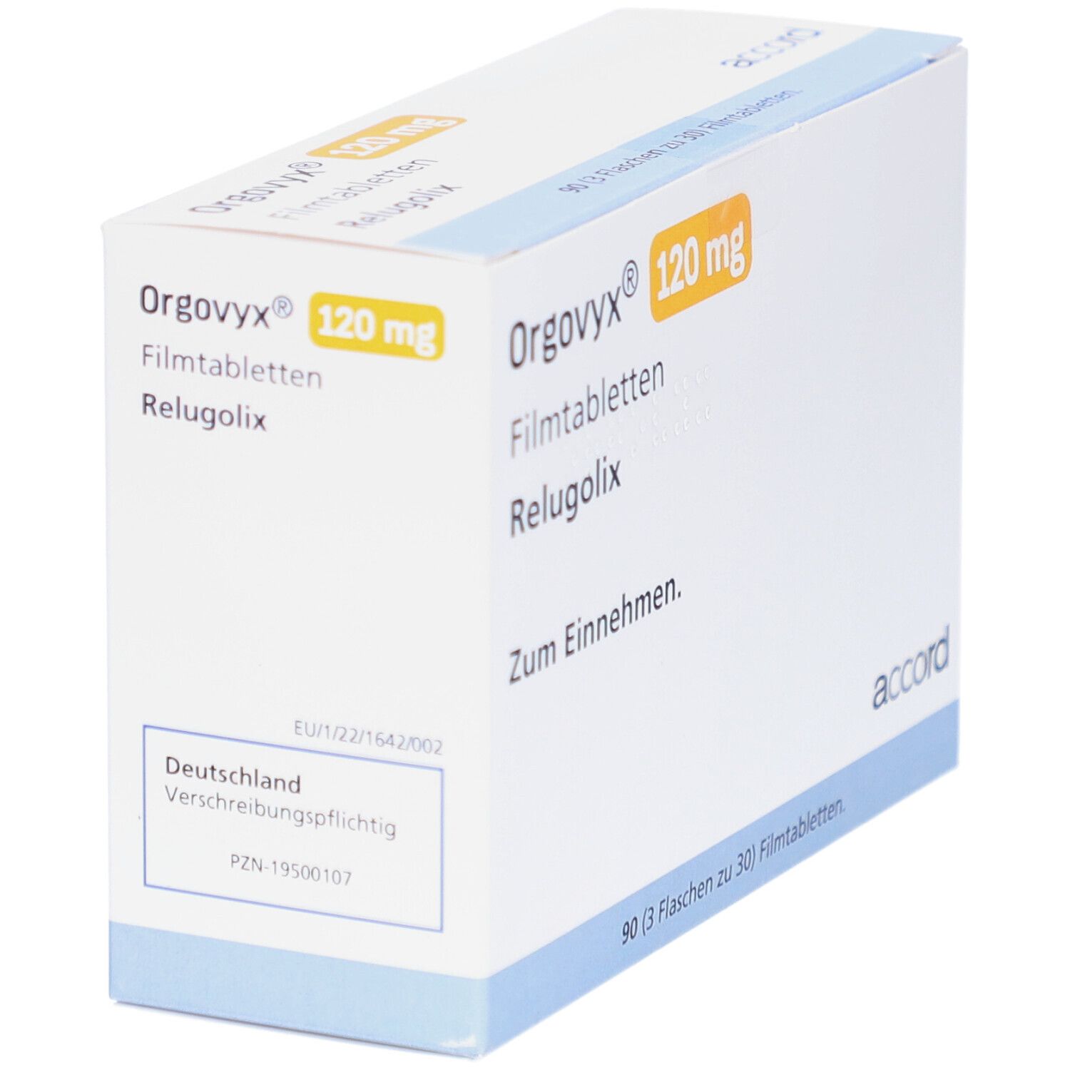 Schräg gestellte Faltschachtel mit "Orgovyx 120 mg Filmtabletten". Marke "accord".