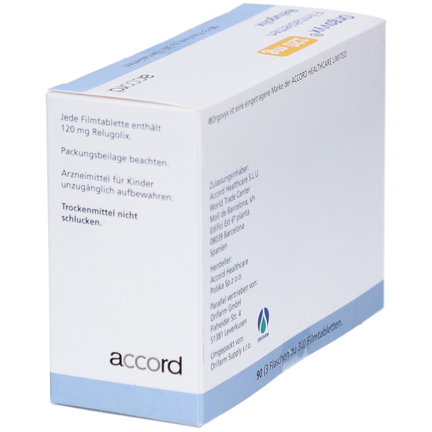 Schräg gestellte Faltschachtel mit Text. Marke "accord".