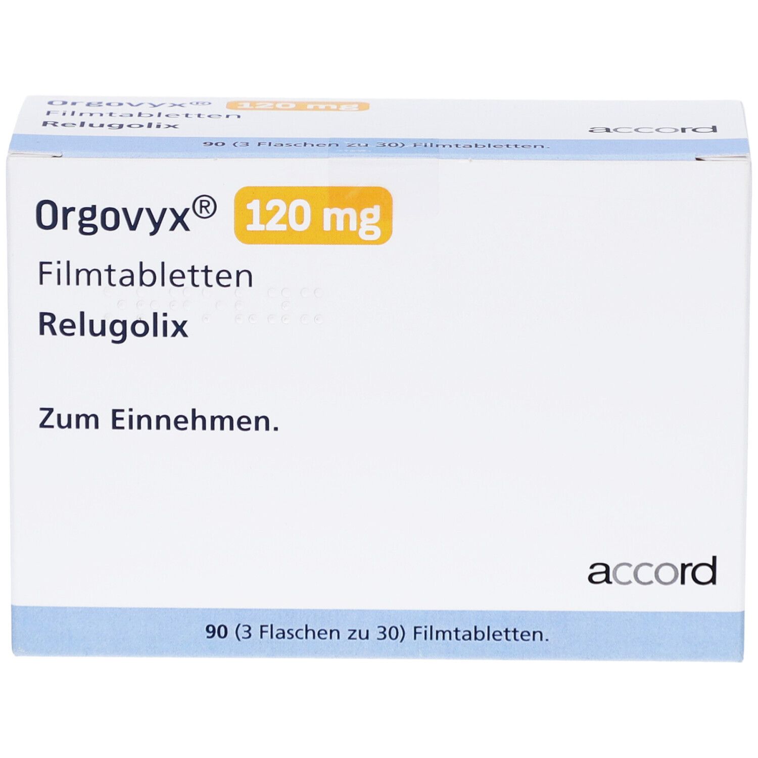 Faltschachtel mit "Orgovyx 120 mg Filmtabletten". Marke "accord".