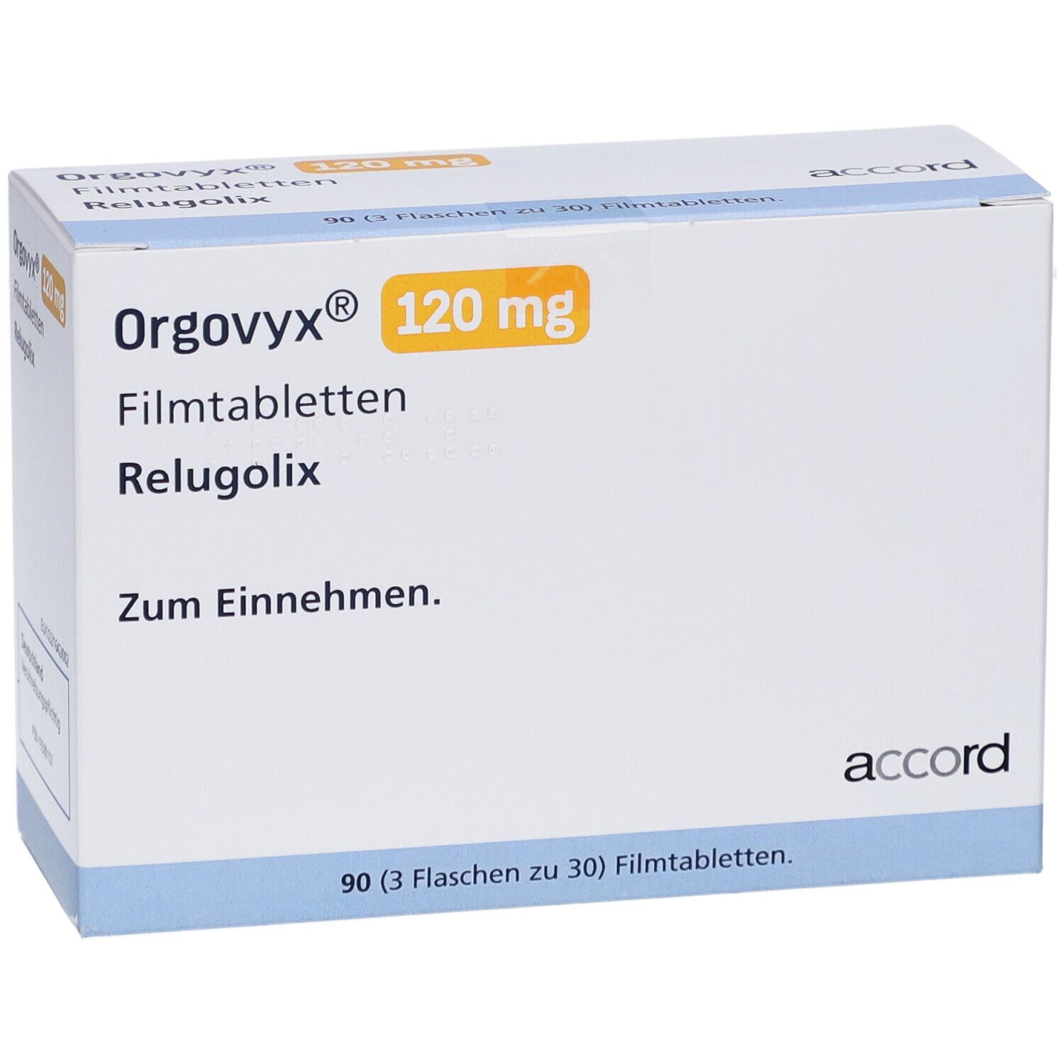 Faltschachtel mit "Orgovyx 120 mg Filmtabletten". Marke "accord".