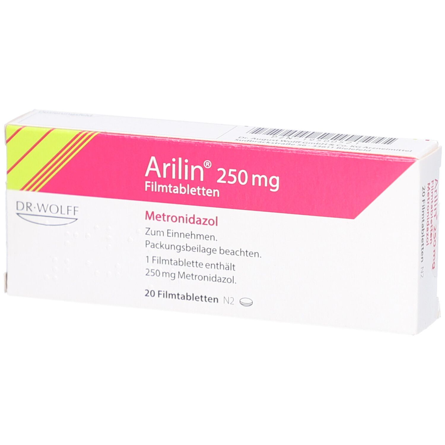 Arilin 250 mg Filmtabletten-Packung. Rosa-weißes Design mit Produktnamen und Inhaltsstoff Metronidazol. 20 Tabletten.