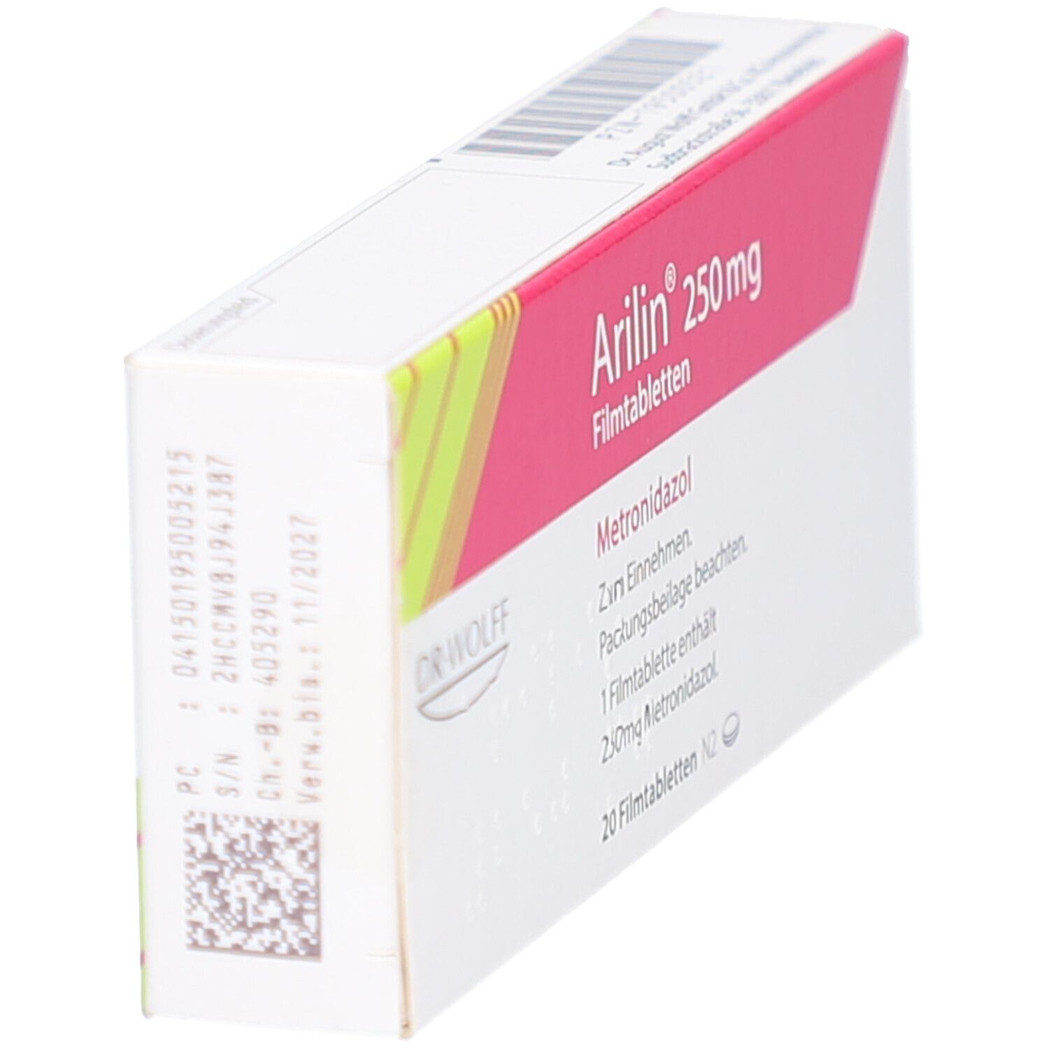 Arilin 250 mg Filmtabletten-Packung, Seitenansicht. Rosa-weißes Design mit Produktnamen und Barcode. Details zur Haltbarkeit.