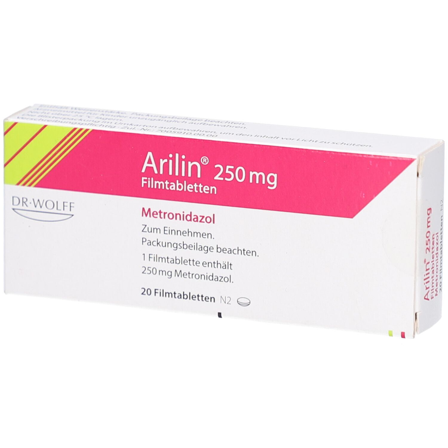 Arilin 250 mg Filmtabletten-Packung. Rosa-weißes Design mit Produktnamen und Inhaltsstoff Metronidazol. 20 Tabletten.