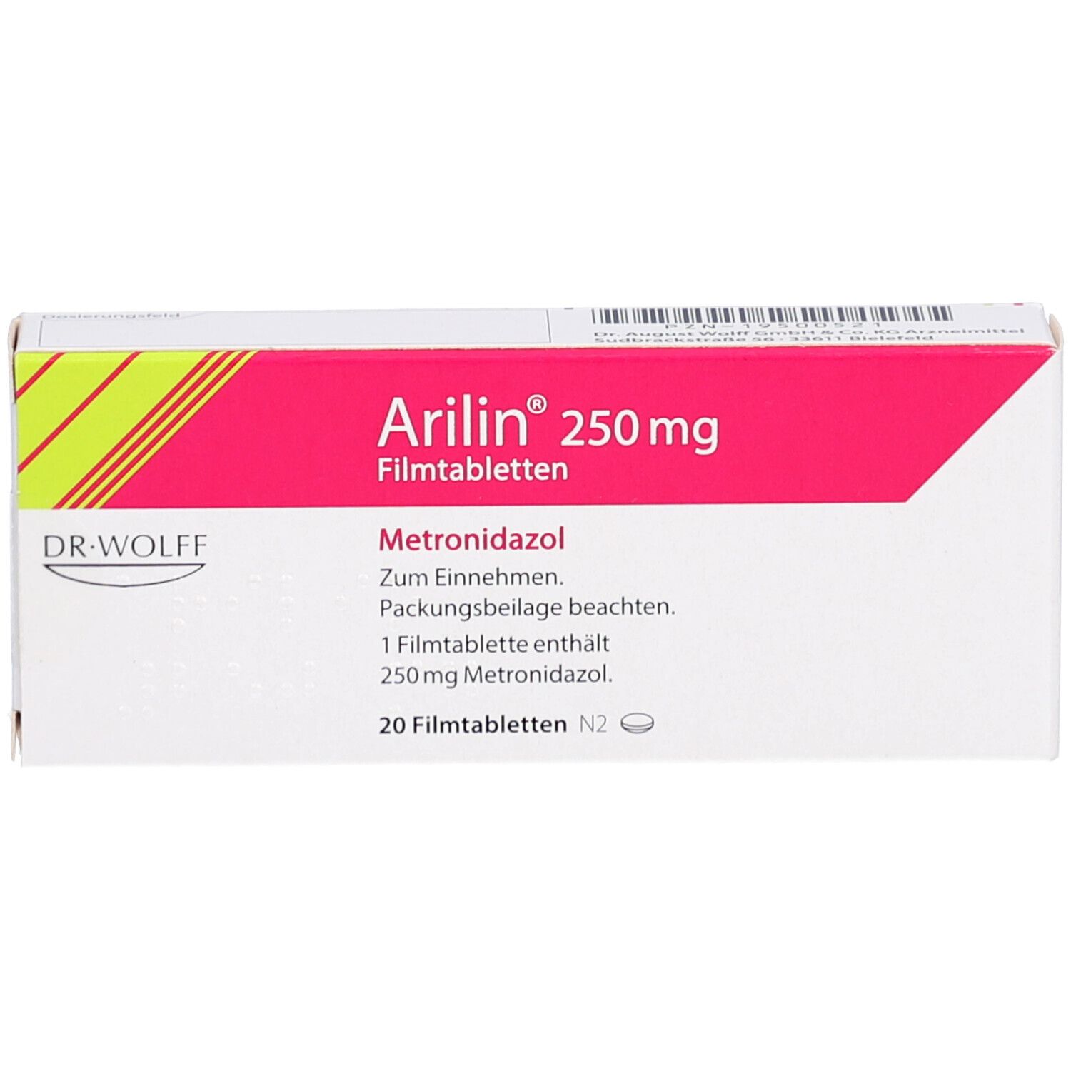 Arilin 250 mg Filmtabletten-Packung. Rosa-weißes Design mit Produktnamen und Inhaltsstoff Metronidazol. 20 Tabletten.