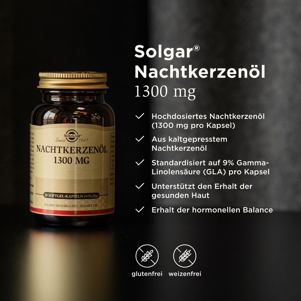 Produktflasche neben Text. Text: Solgar Nachtkerzenöl 1300 mg. Vorteile: hochdosiert, kaltgepresst, 9% GLA, gesunde Haut, hormonelle Balance.