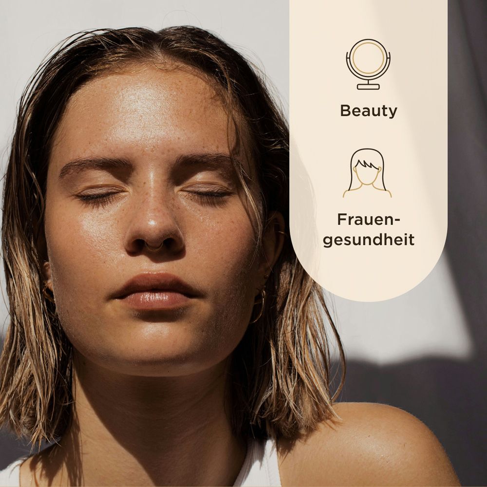 Porträt einer Frau mit geschlossenen Augen. Neben ihr ein Banner mit den Worten Beauty und Frauengesundheit.