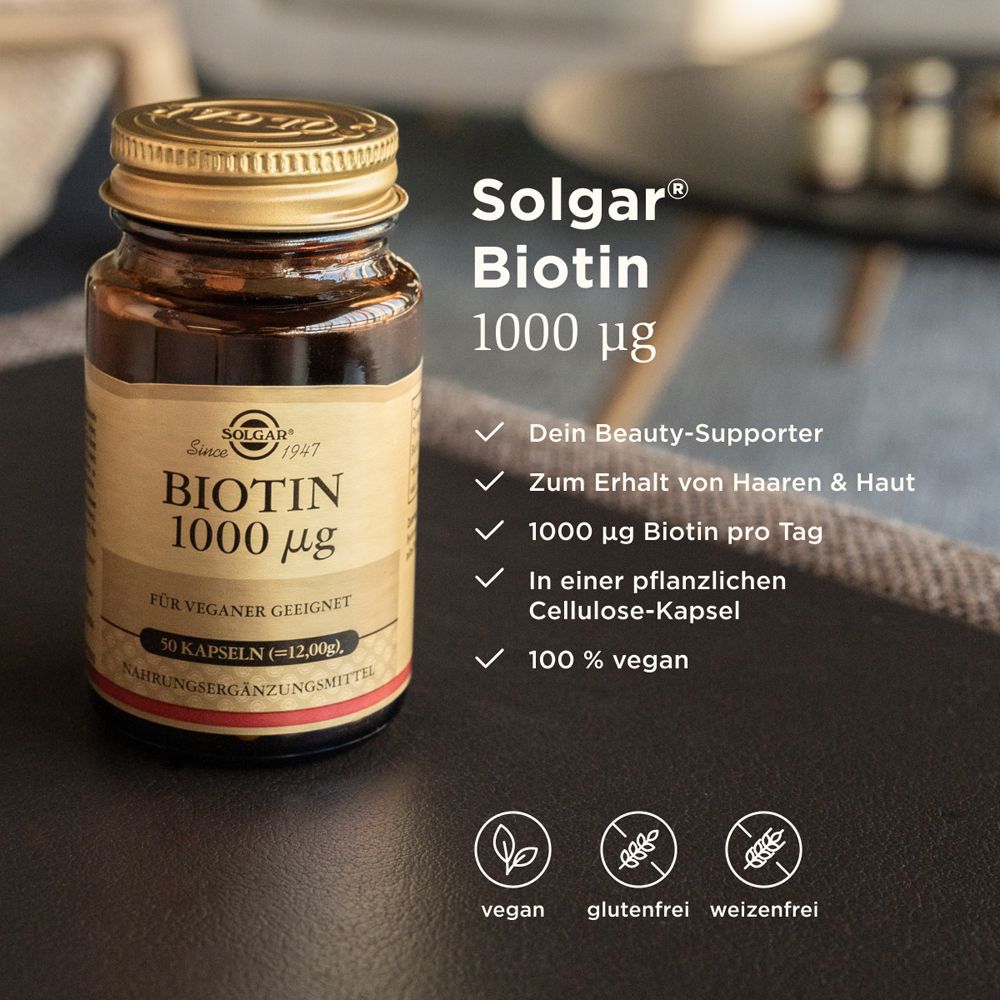 Solgar Biotin 1000 µg Flasche. Text: Beauty-Supporter, Haare & Haut, 1000 µg Biotin pro Tag, vegan, glutenfrei, weizenfrei.