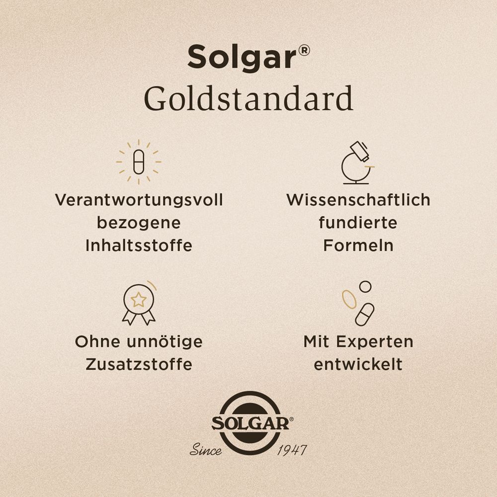 Text: Solgar Goldstandard. Symbole: verantwortungsvolle Inhaltsstoffe, wissenschaftlich fundierte Formeln, ohne unnötige Zusätze.