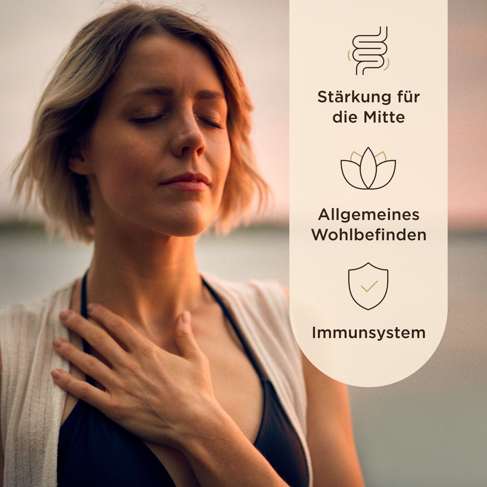 Frau mit geschlossenen Augen. Text: Stärkung für die Mitte, allgemeines Wohlbefinden, Immunsystem.