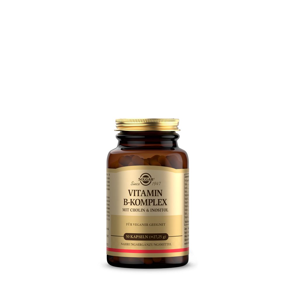 Braune Glasflasche mit goldfarbenem Deckel. Etikett mit Text: Vitamin B-Komplex mit Cholin & Inositol. Vegan.