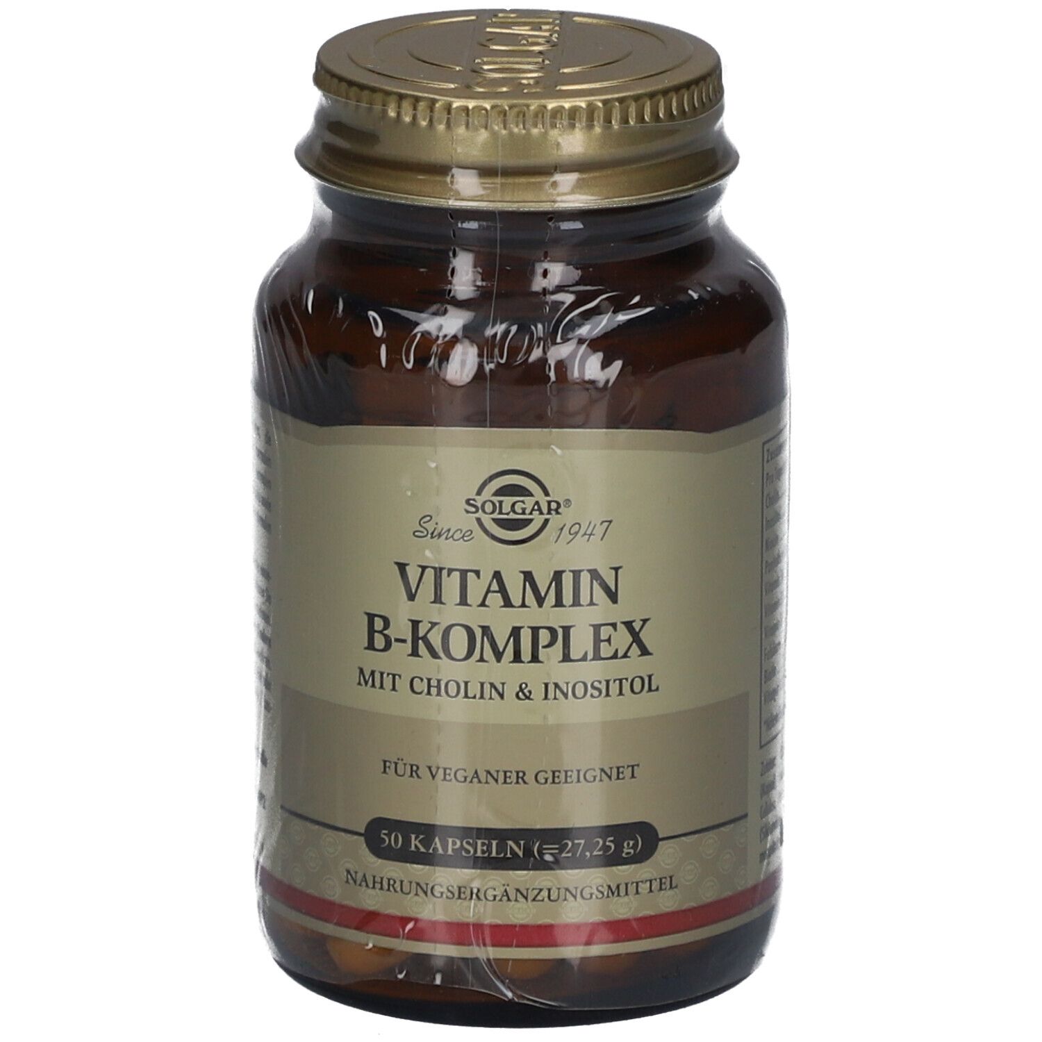 Braune Glasflasche mit goldfarbenem Deckel. Etikett mit "Solgar Vitamin B-Komplex". Für Veganer geeignet. 50 Kapseln.