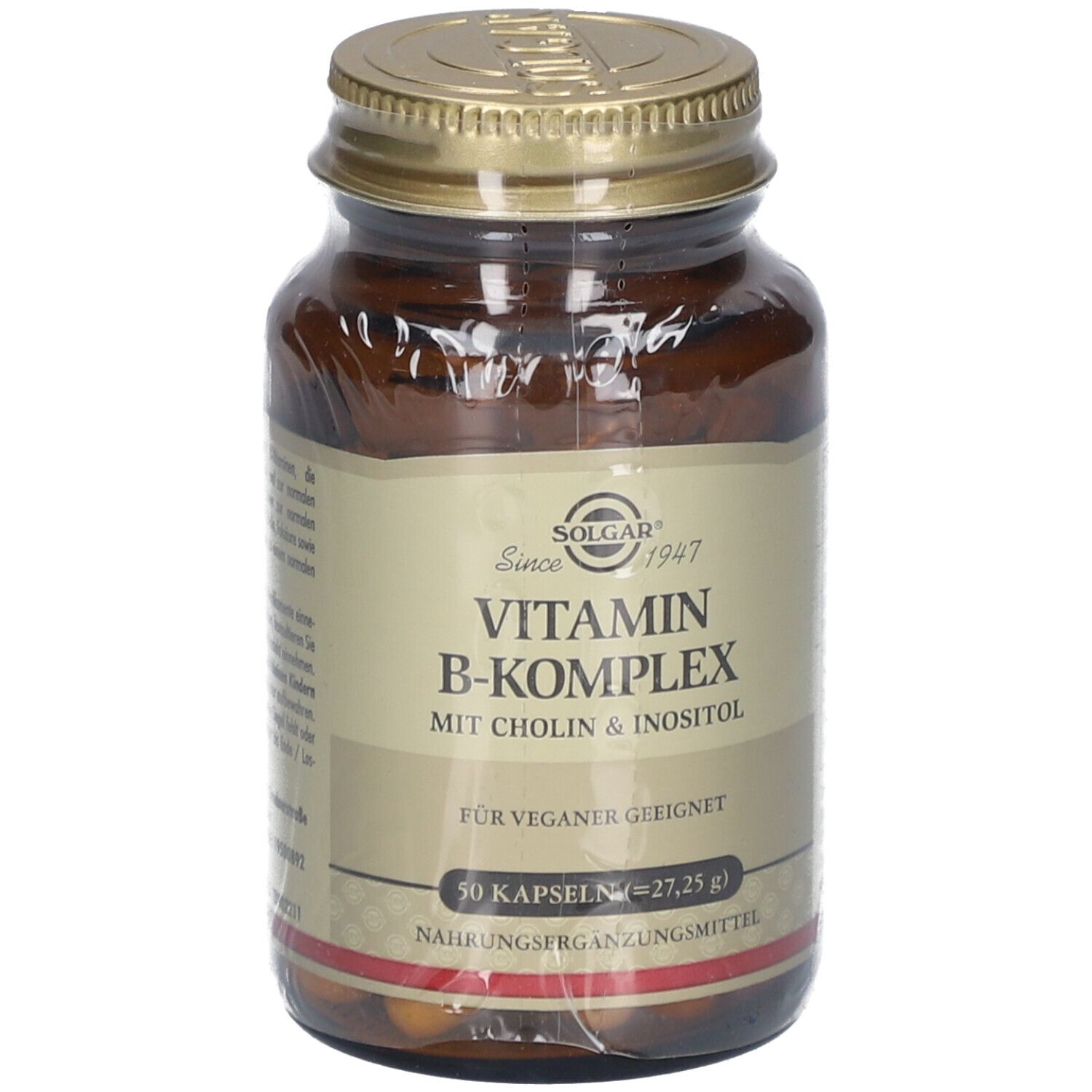 Braune Glasflasche mit goldfarbenem Deckel. Etikett mit "Solgar Vitamin B-Komplex". Für Veganer geeignet. 50 Kapseln.