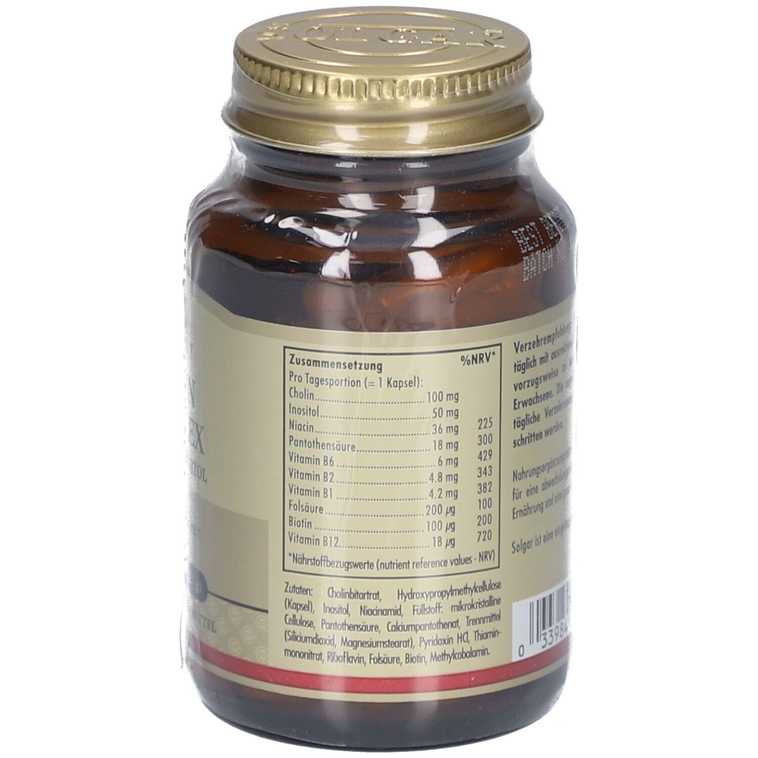 Rückseite der Flasche mit Inhaltsstoffangaben. Auflistung der Vitamine und Nährwerte. "Solgar" Logo.