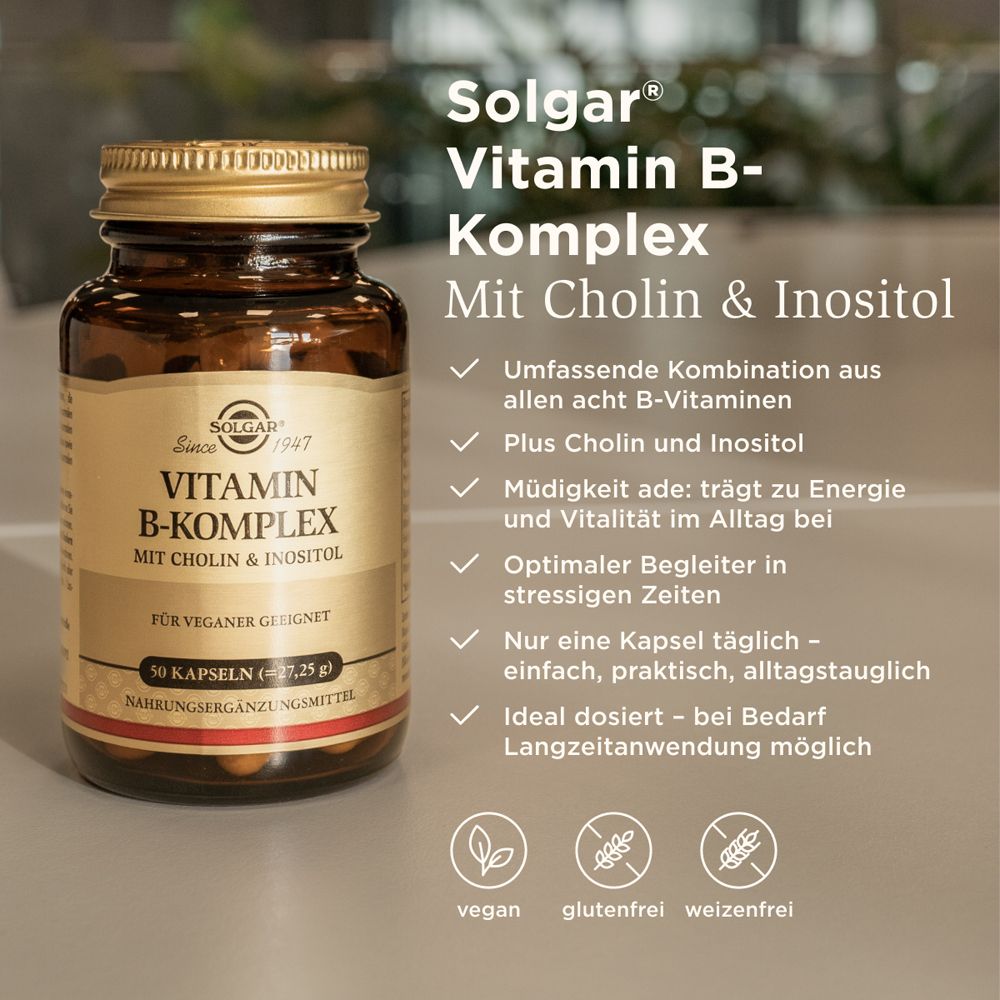 Produktabbildung mit Text: Solgar Vitamin B-Komplex. Enthält Cholin & Inositol. Vegan, glutenfrei, weizenfrei.